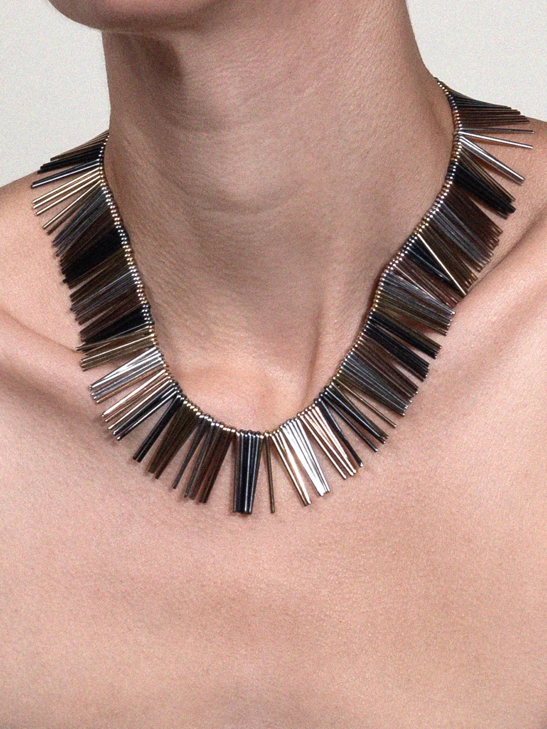 Anton Michelsen Four Color Fringe Necklace 
Designed by Eigil Jensen for A. Michelsen
Sterling Silver Tines in Silver, Plated Yellow Gold, Plated Rose Gold, and Plated Pewter/Oxidized Silver
Hundreds of solid silver tines alternating by color
Tines