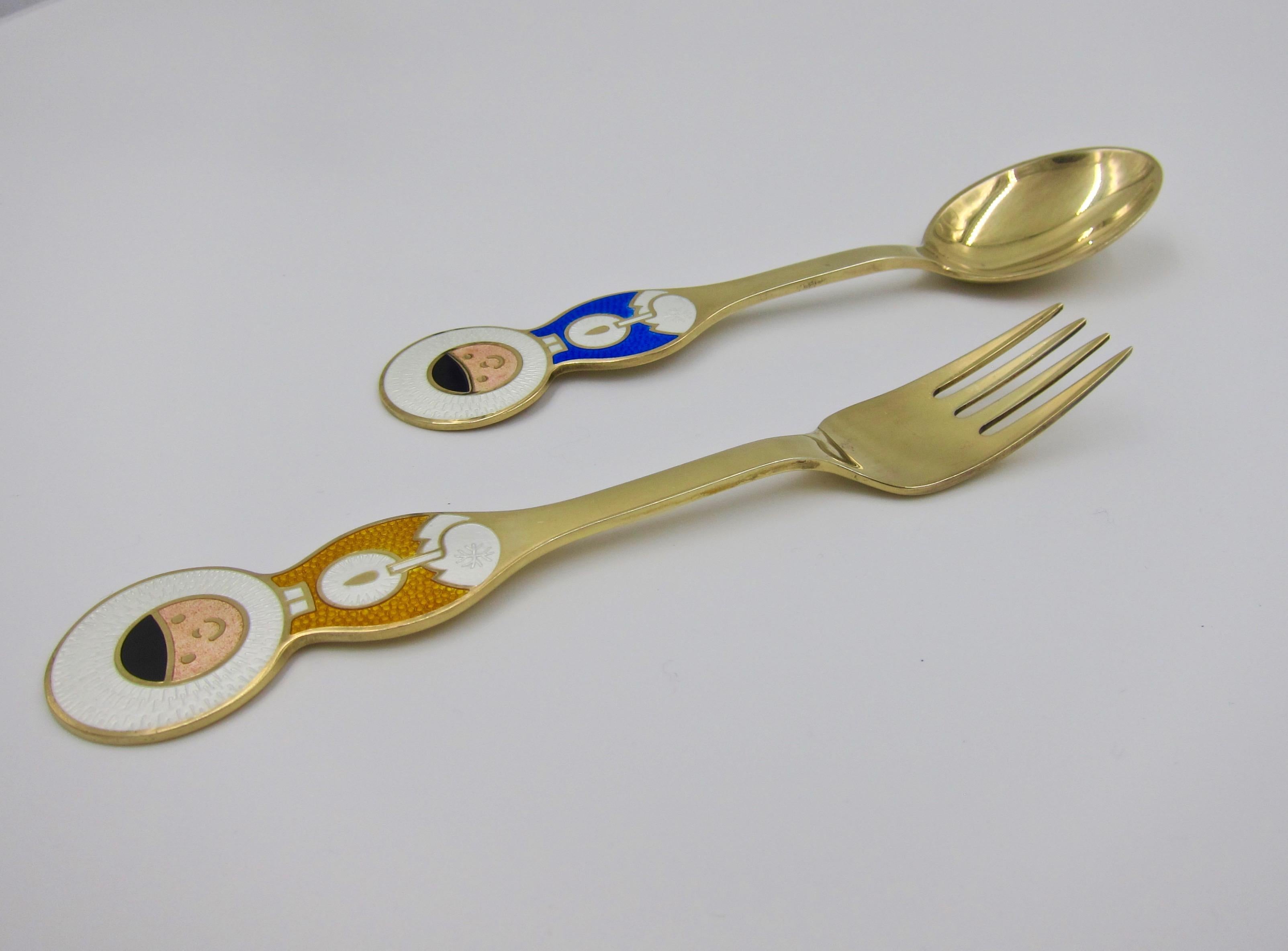 1969 Anton Michelsen Gilt Silver and Enamel Christmas Fork and Spoon Set 3