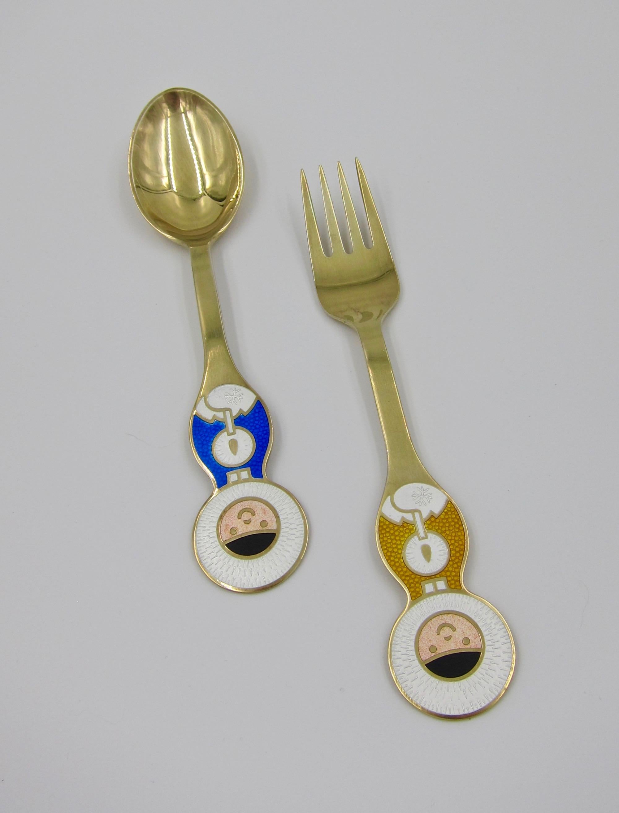 1969 Anton Michelsen Gilt Silver and Enamel Christmas Fork and Spoon Set 4