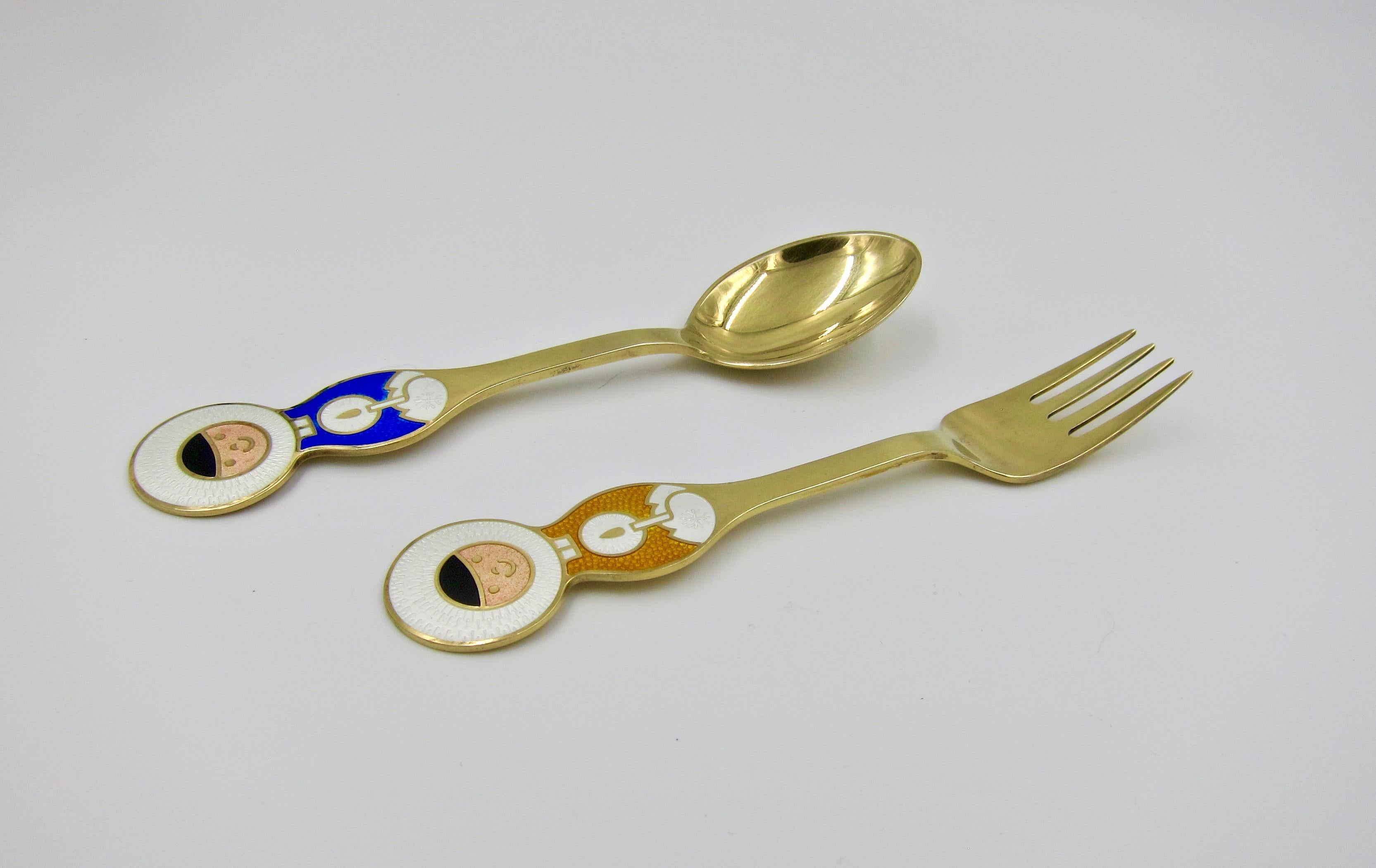 1969 Anton Michelsen Gilt Silver and Enamel Christmas Fork and Spoon Set 5