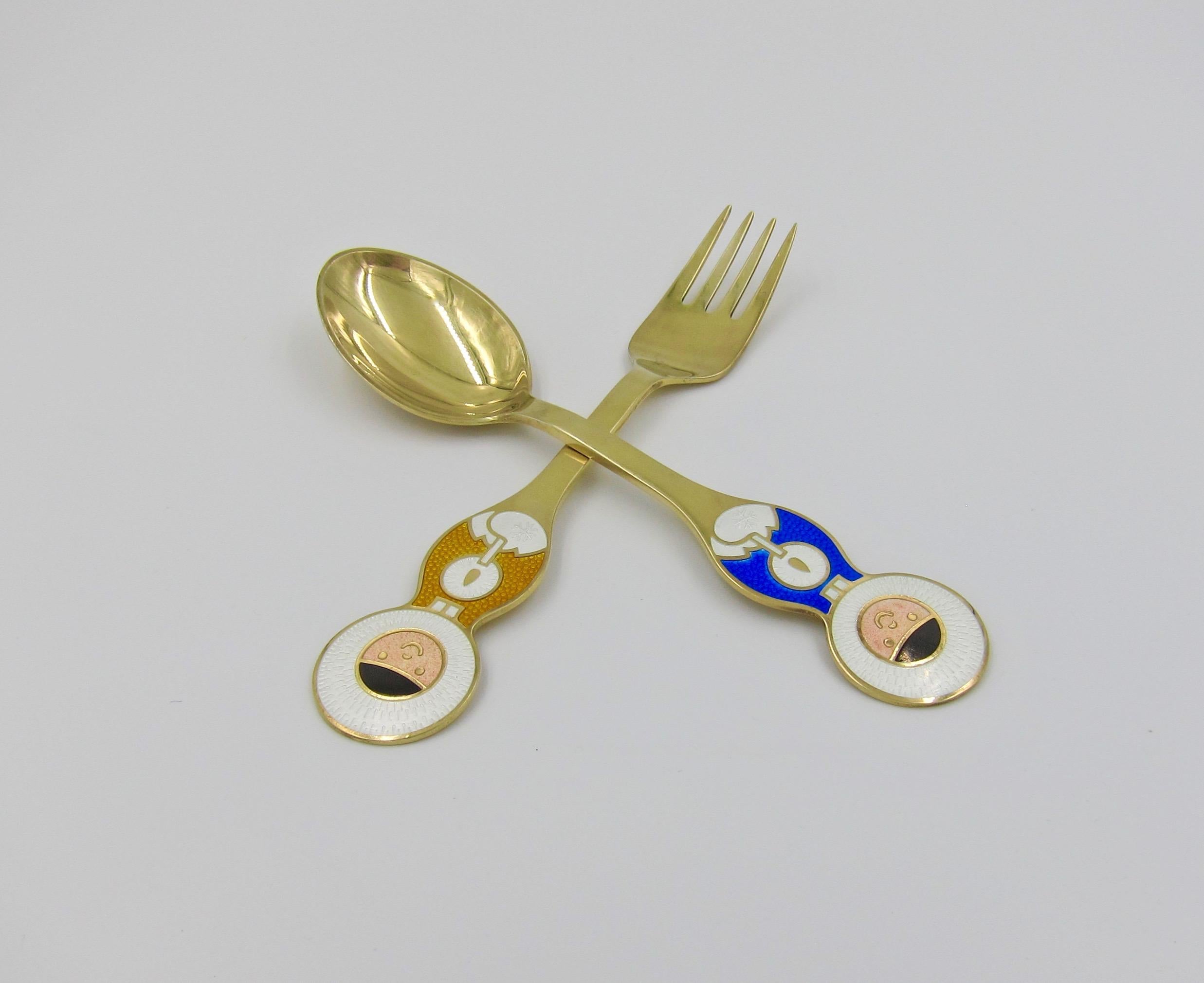 Mid-Century Modern 1969 Anton Michelsen Gilt Silver and Enamel Christmas Fork and Spoon Set