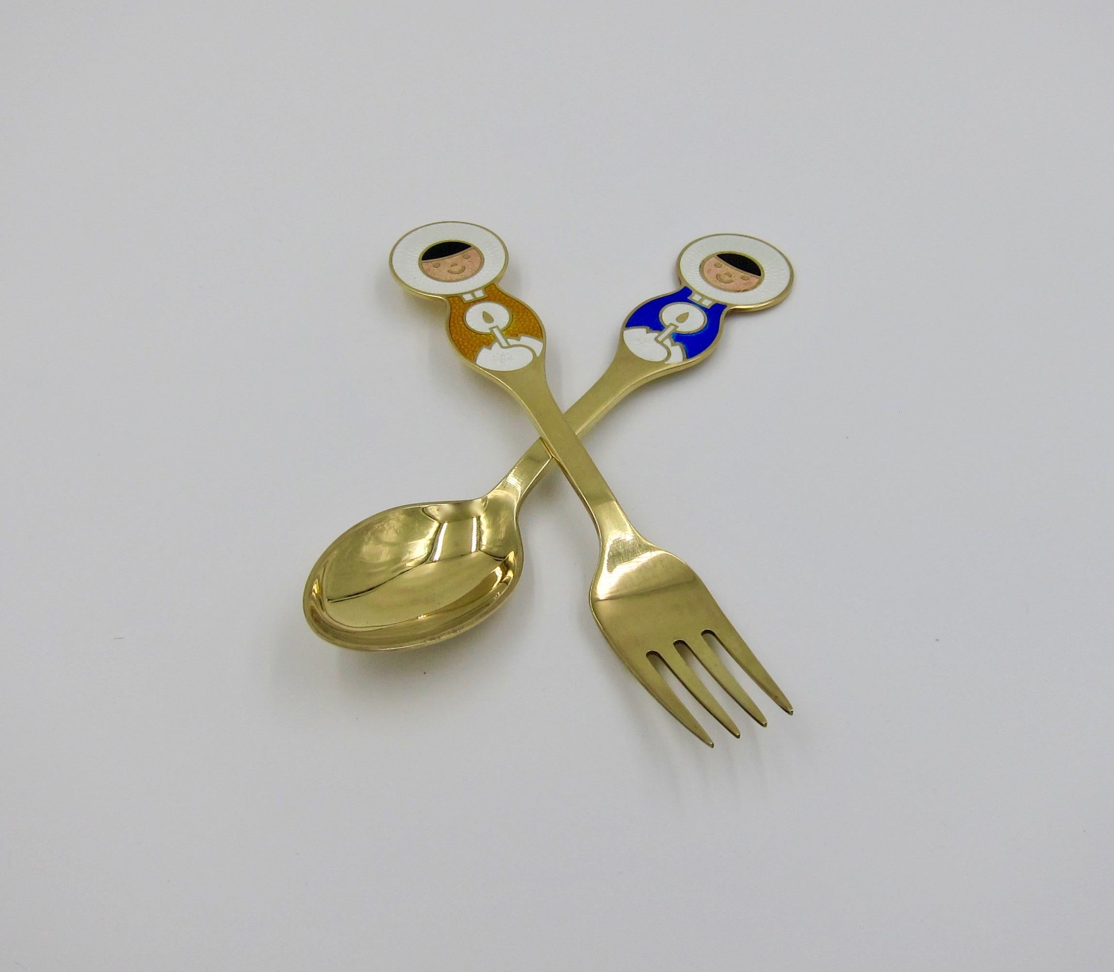 Danish 1969 Anton Michelsen Gilt Silver and Enamel Christmas Fork and Spoon Set