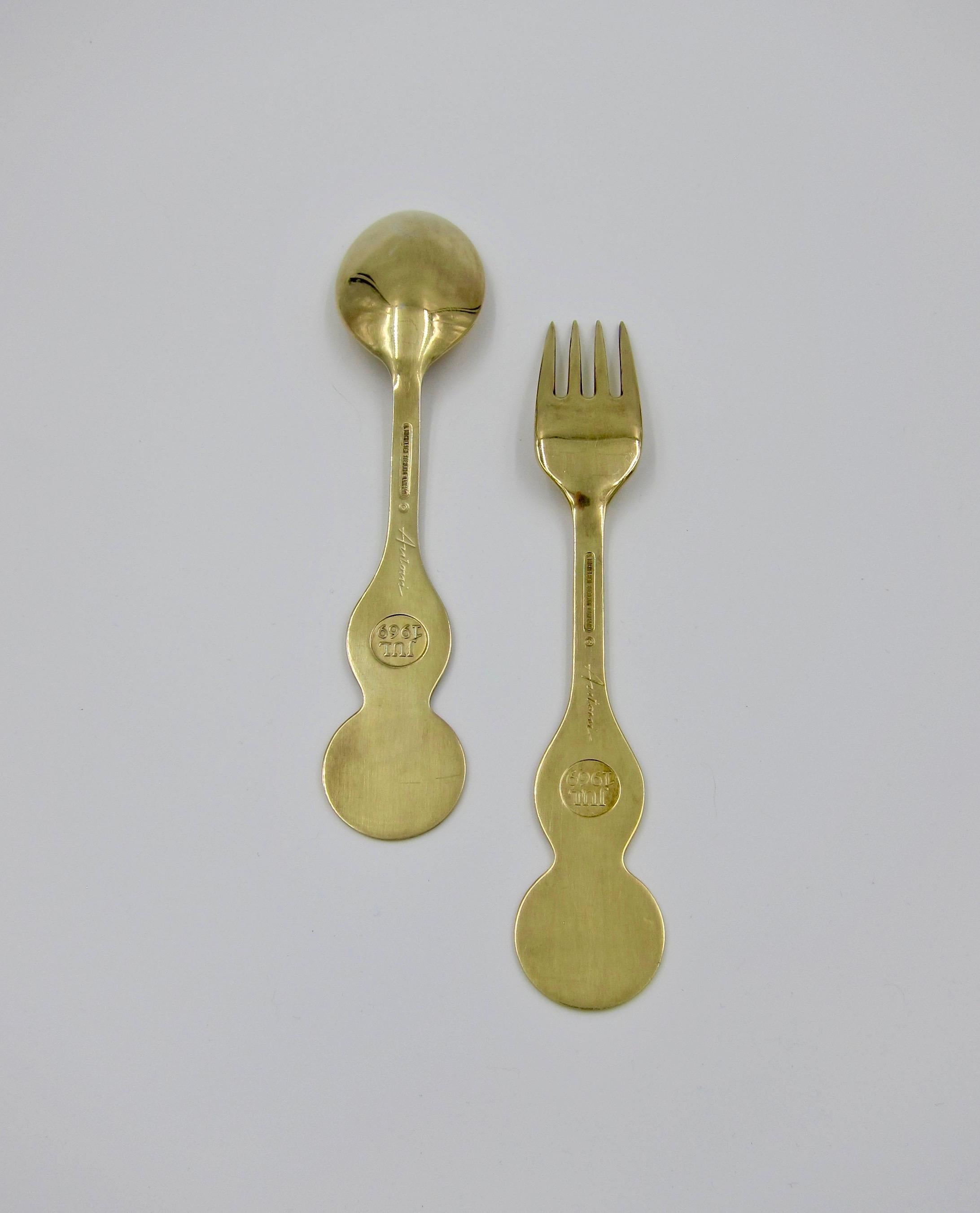 1969 Anton Michelsen Gilt Silver and Enamel Christmas Fork and Spoon Set In Good Condition In Los Angeles, CA