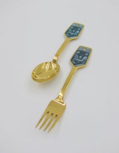 Anton Michelsen Gilded Silver and Enamel Christmas Fork and Spoon Set, 1973