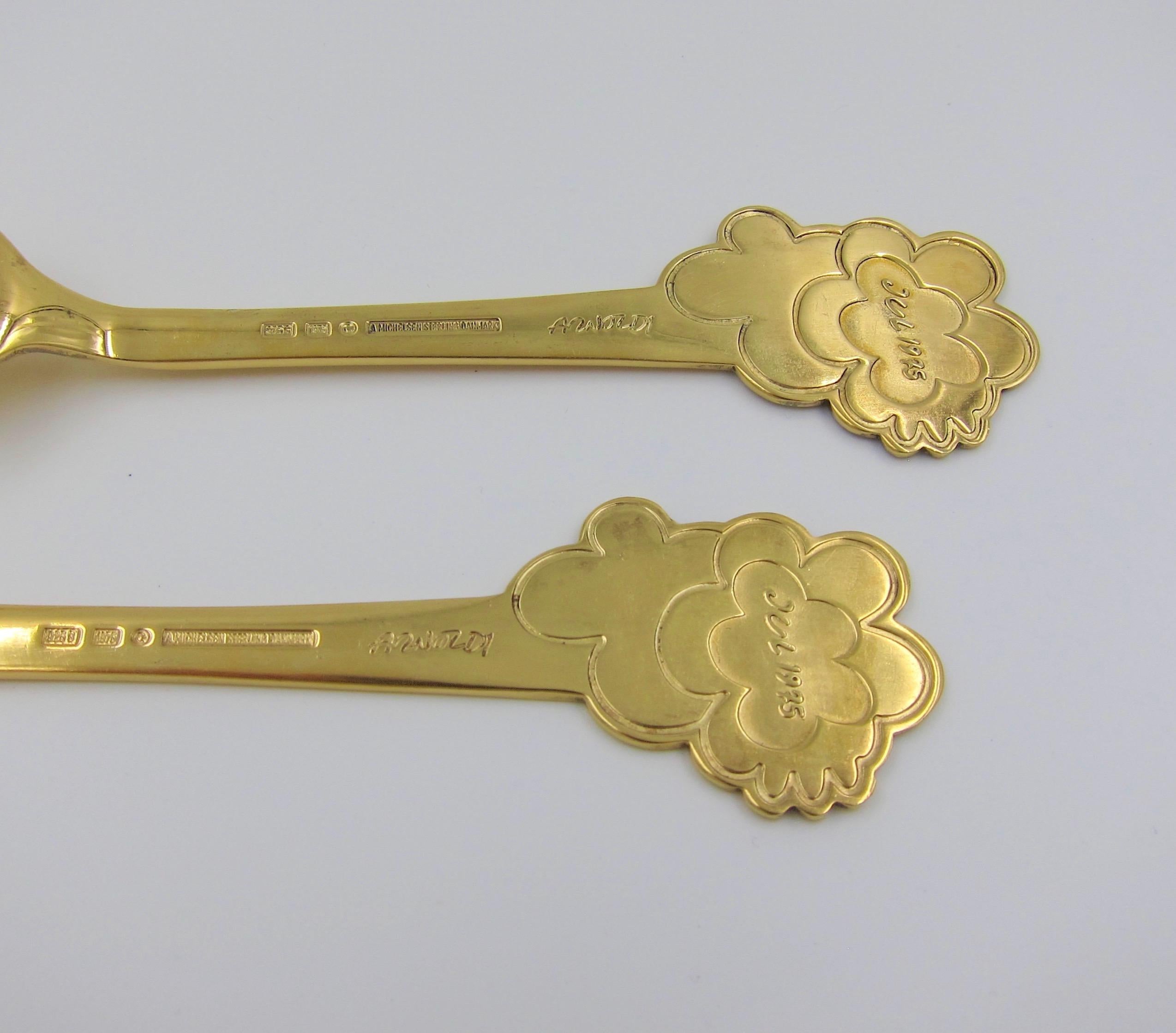 1975 Anton Michelsen Gilded Silver and Enamel Christmas Fork and Spoon Set 3