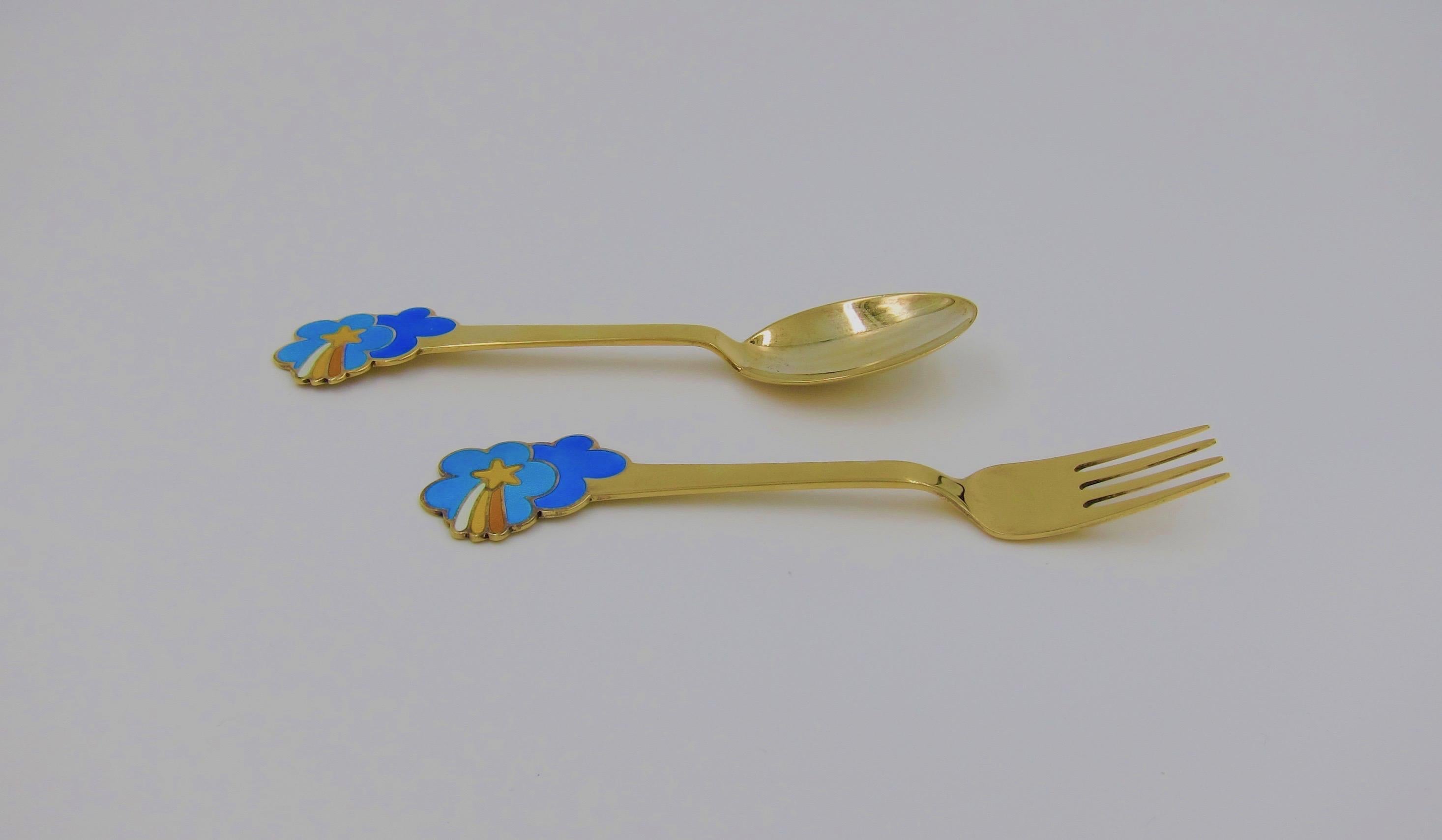 Danish 1975 Anton Michelsen Gilded Silver and Enamel Christmas Fork and Spoon Set