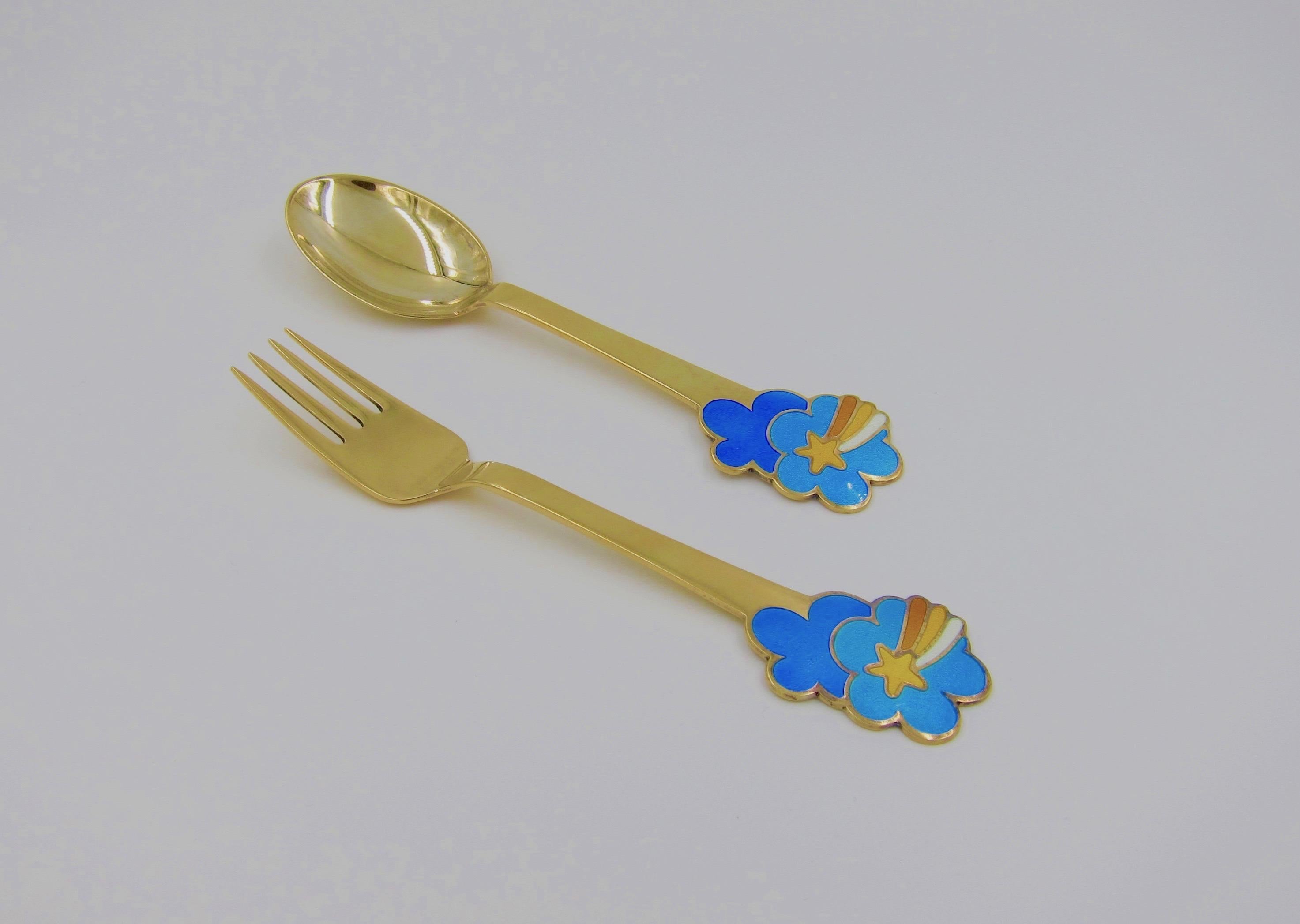 Enameled 1975 Anton Michelsen Gilded Silver and Enamel Christmas Fork and Spoon Set