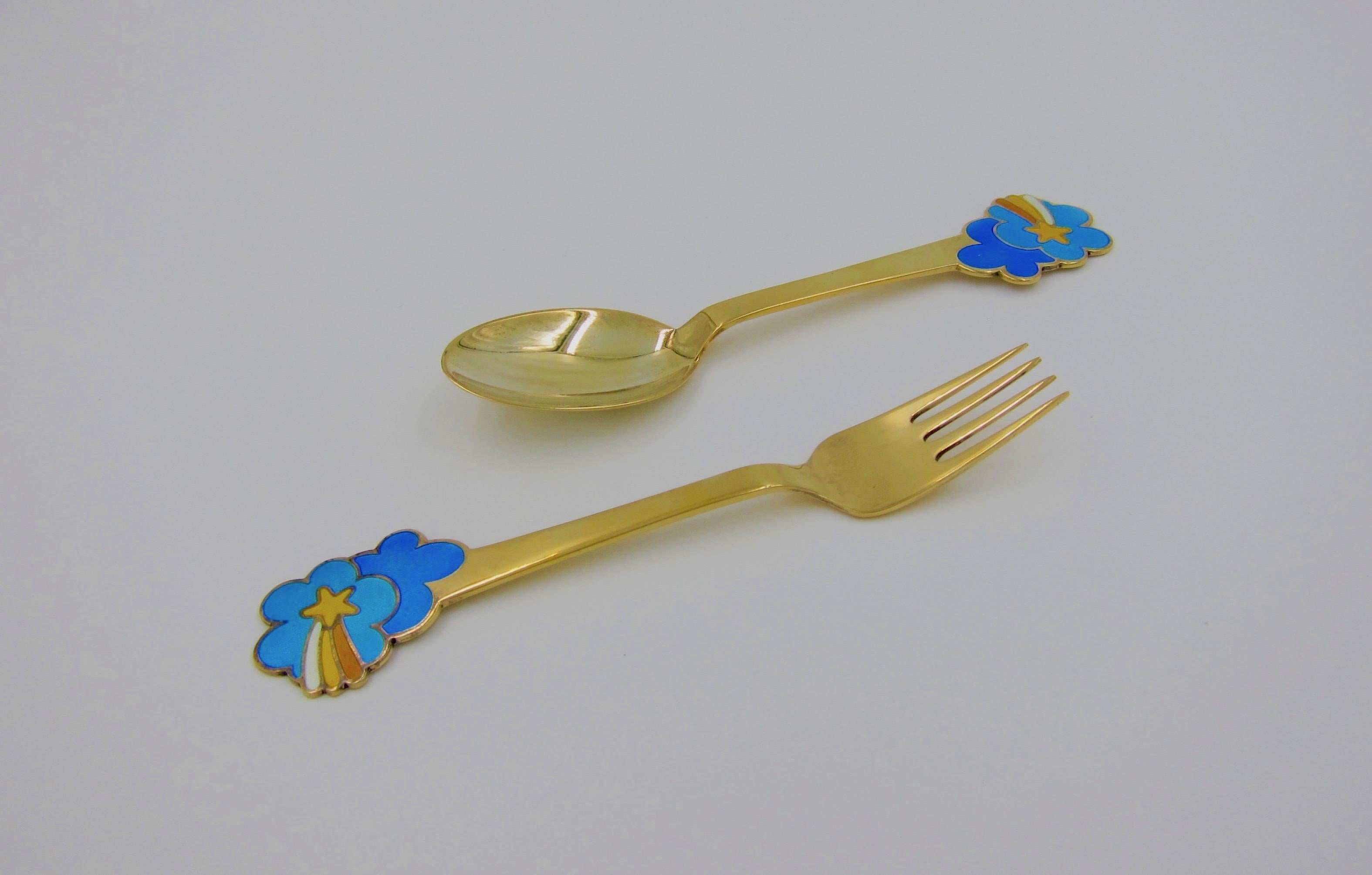 1975 Anton Michelsen Gilded Silver and Enamel Christmas Fork and Spoon Set In Good Condition In Los Angeles, CA