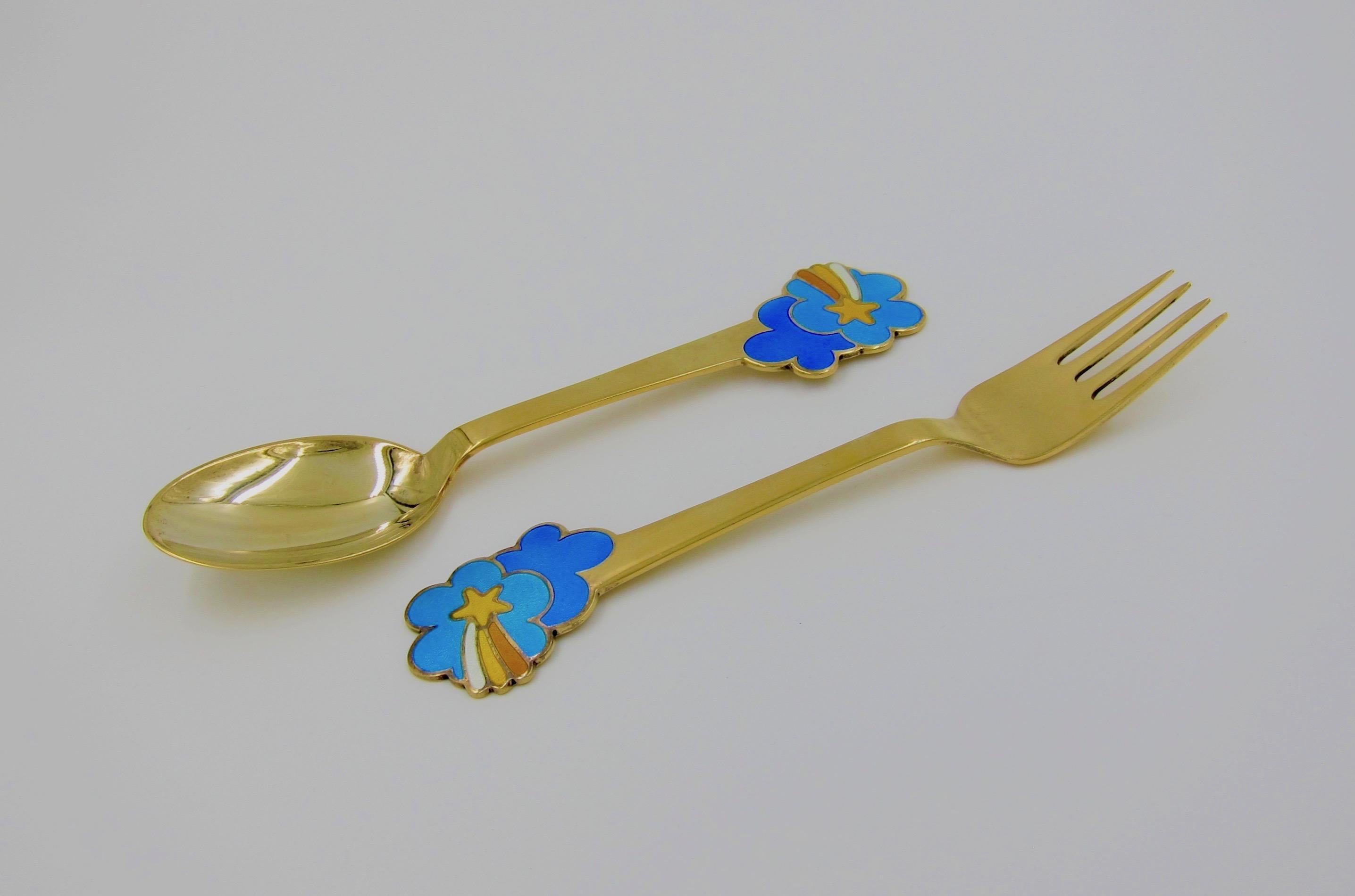 Late 20th Century 1975 Anton Michelsen Gilded Silver and Enamel Christmas Fork and Spoon Set