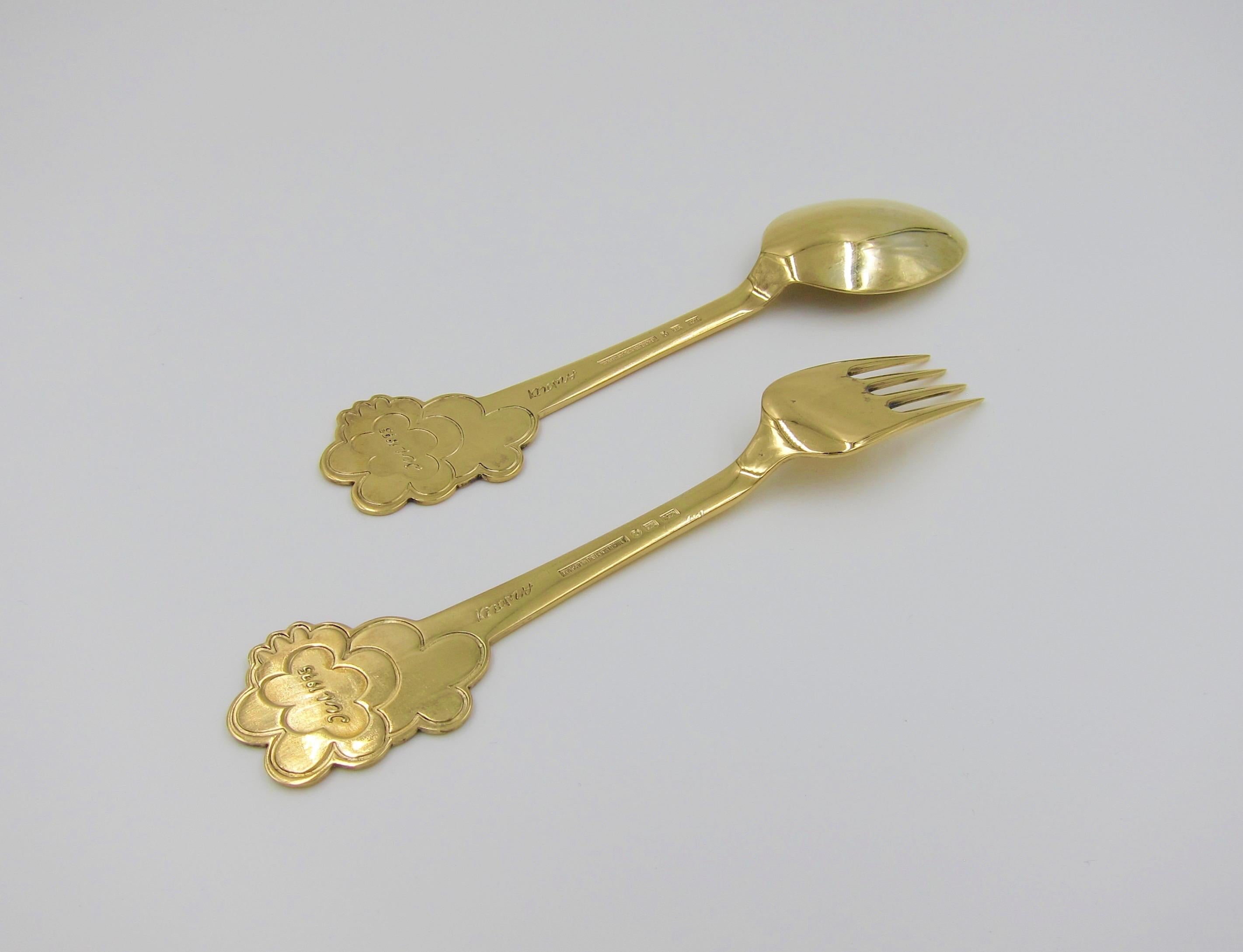 1975 Anton Michelsen Gilded Silver and Enamel Christmas Fork and Spoon Set 1