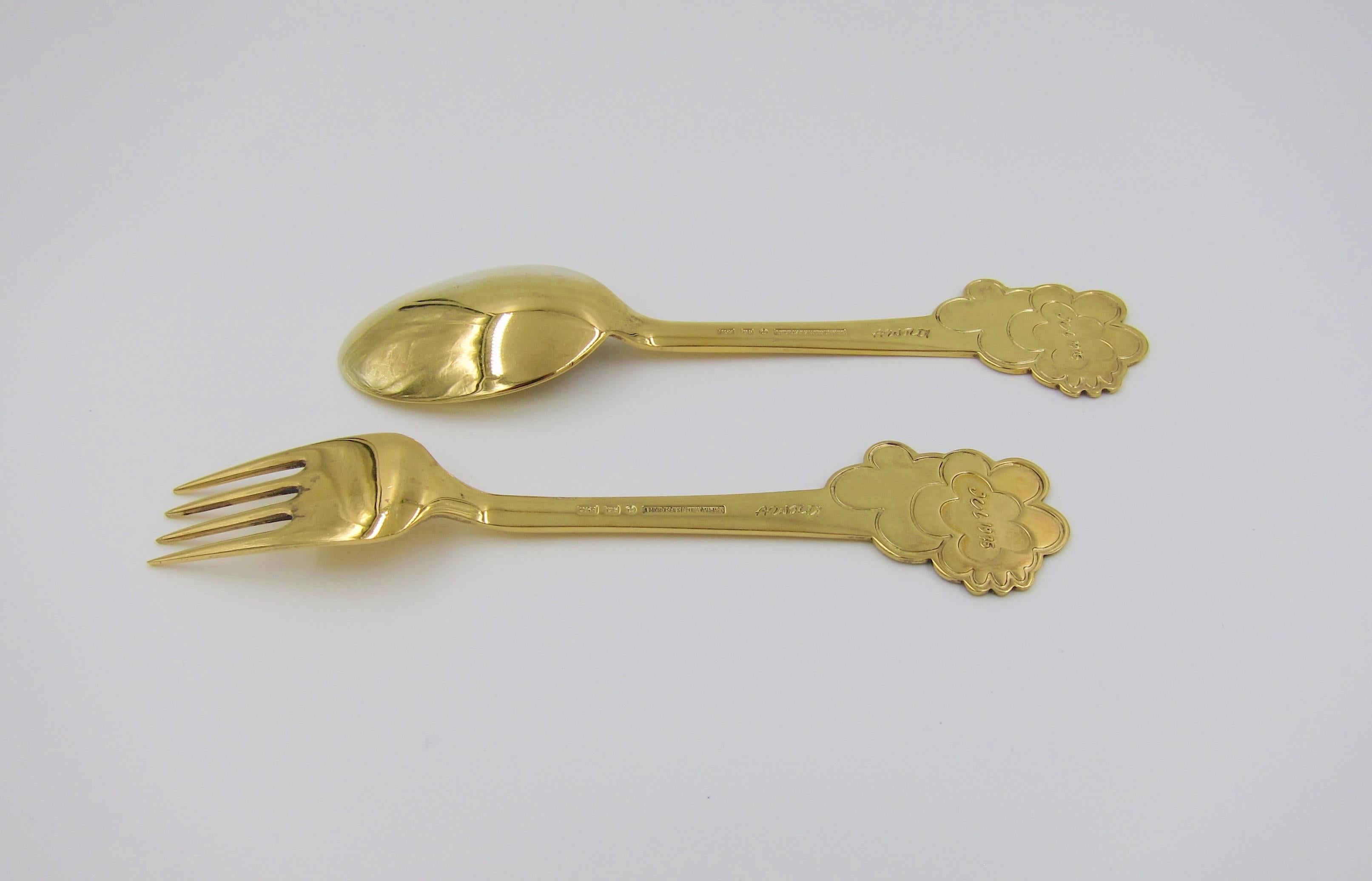 1975 Anton Michelsen Gilded Silver and Enamel Christmas Fork and Spoon Set 2