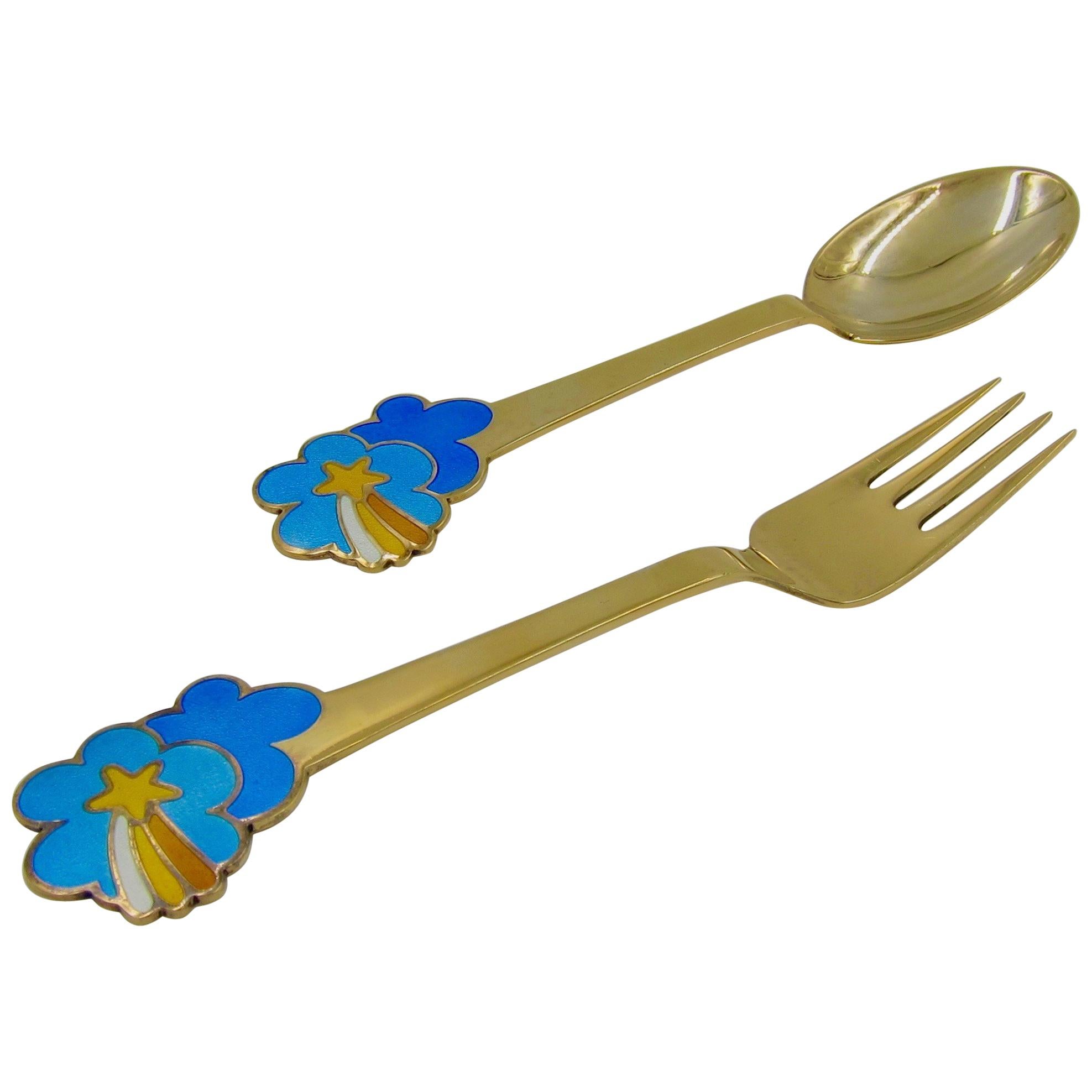 1975 Anton Michelsen Gilded Silver and Enamel Christmas Fork and Spoon Set