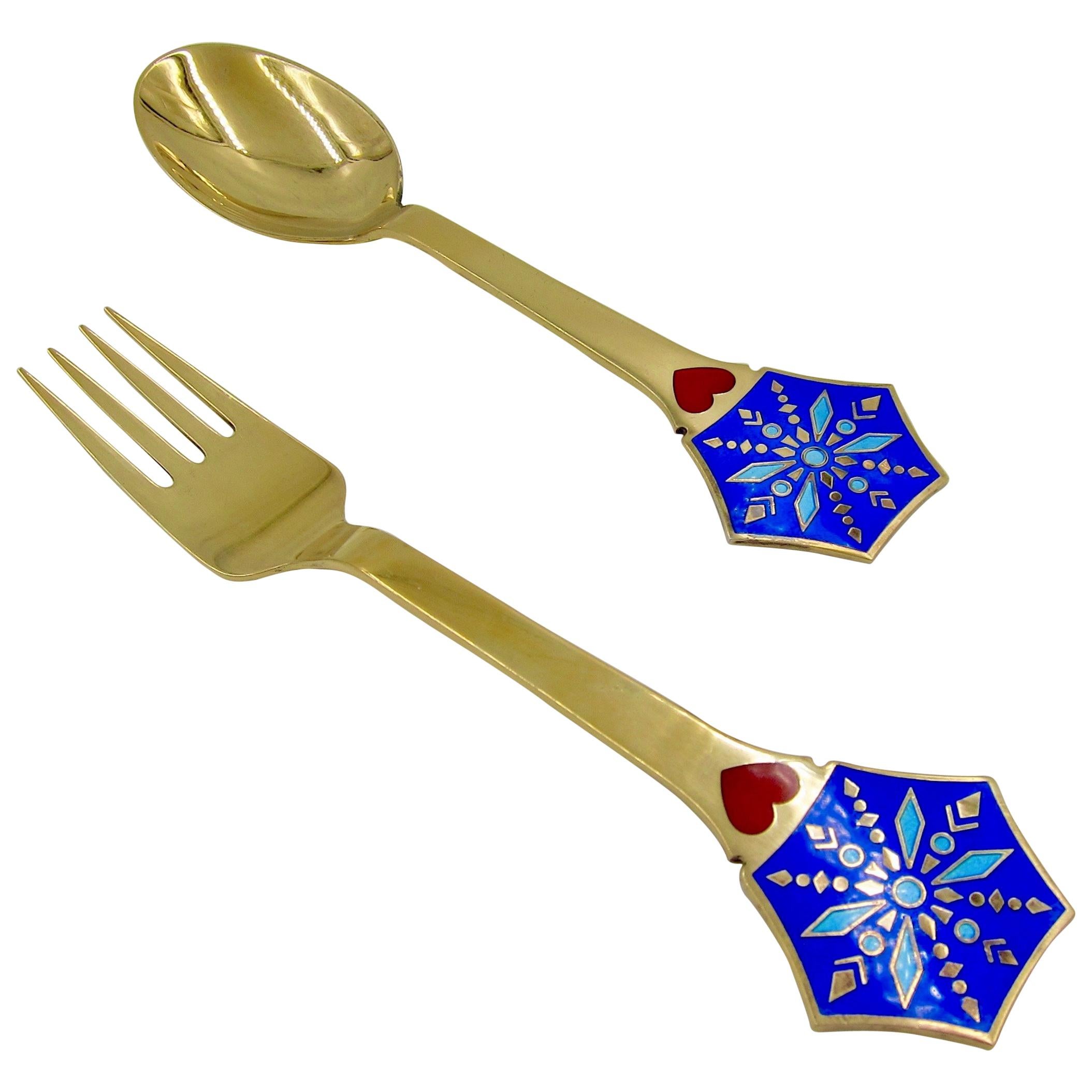 Cased Set 12 Silver and Enamel Pastry Spoons and Forks by Liberty and
