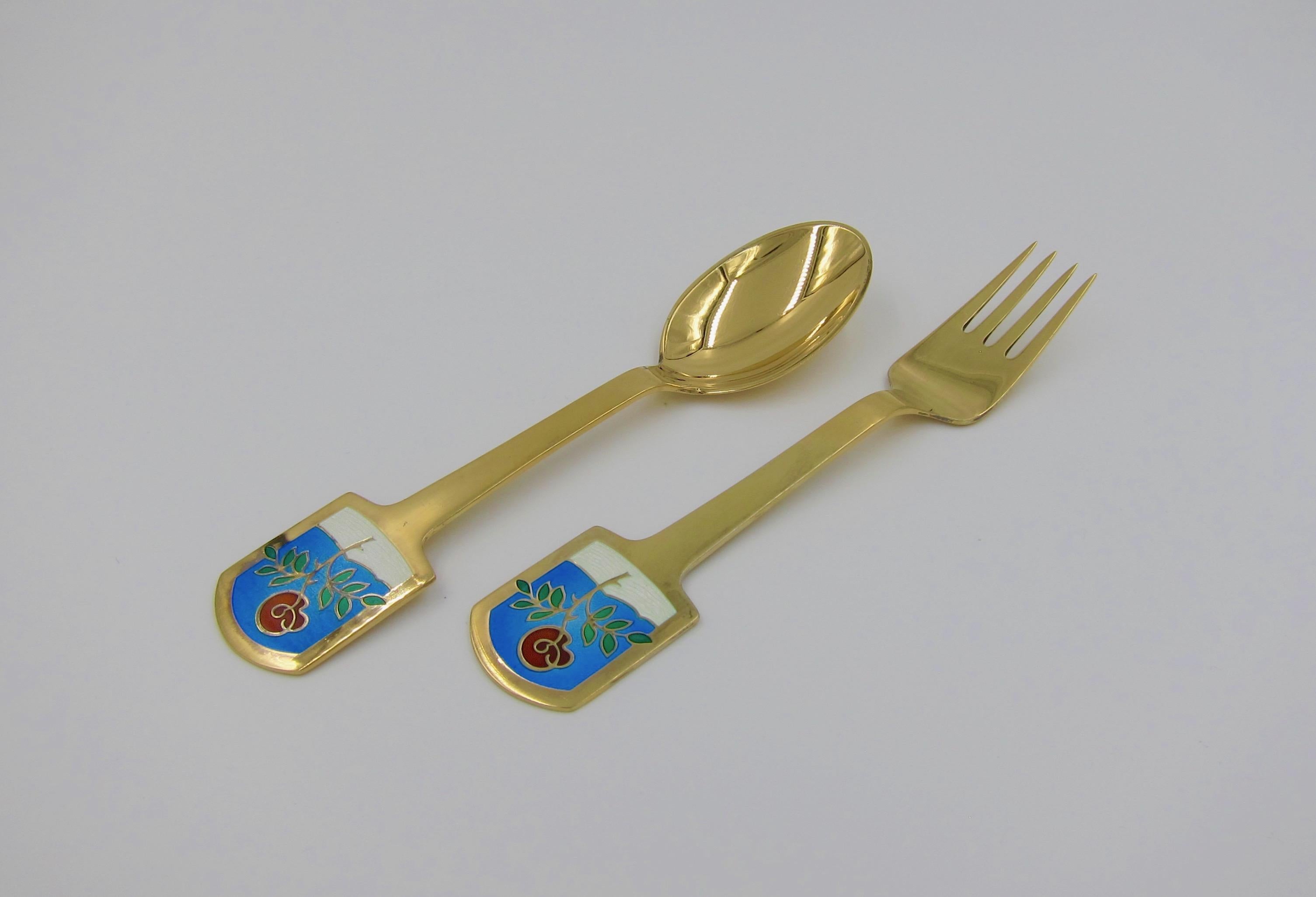 Mid-Century Modern 1977 Anton Michelsen Gilt Silver and Enamel Christmas Fork and Spoon Set For Sale