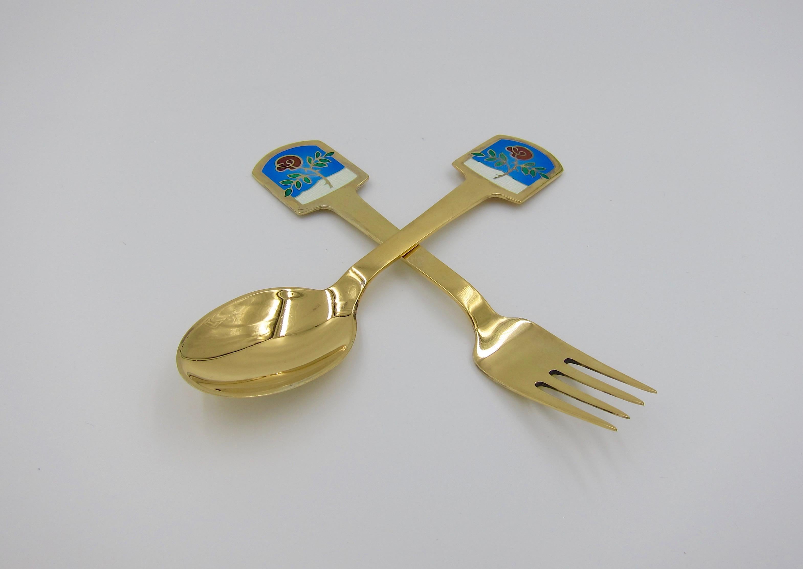 Danish 1977 Anton Michelsen Gilt Silver and Enamel Christmas Fork and Spoon Set For Sale