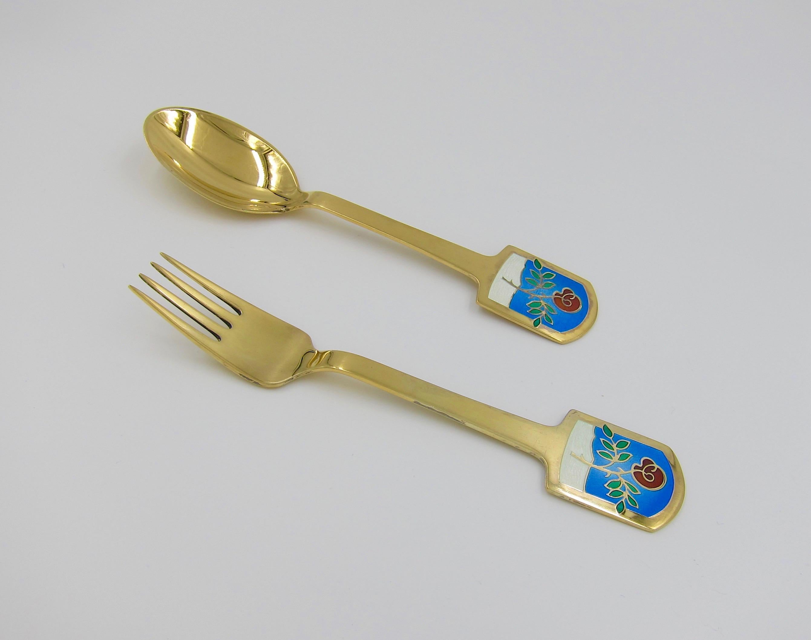 Enameled 1977 Anton Michelsen Gilt Silver and Enamel Christmas Fork and Spoon Set For Sale