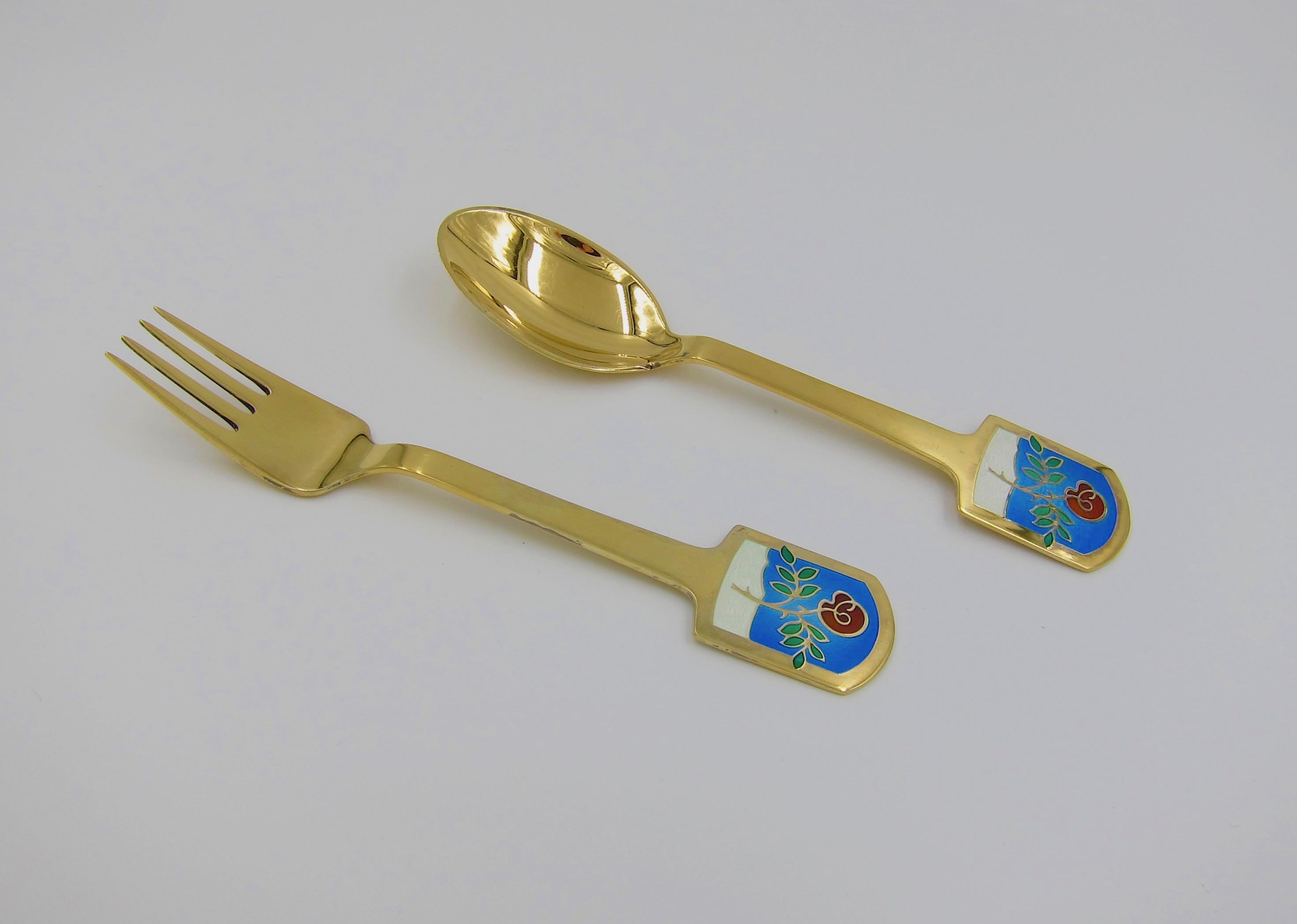 Late 20th Century 1977 Anton Michelsen Gilt Silver and Enamel Christmas Fork and Spoon Set For Sale