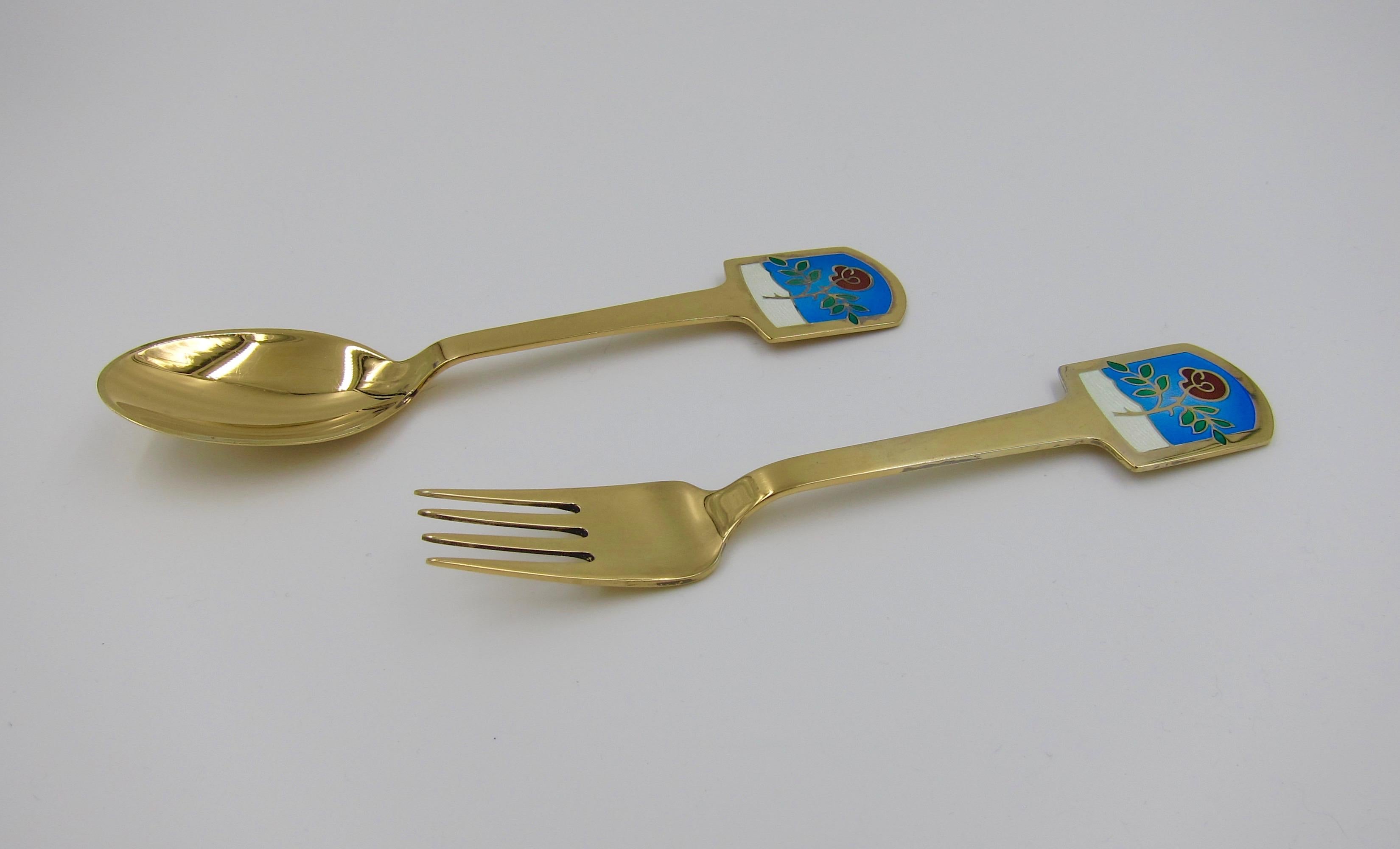 1977 Anton Michelsen Gilt Silver and Enamel Christmas Fork and Spoon Set For Sale 1