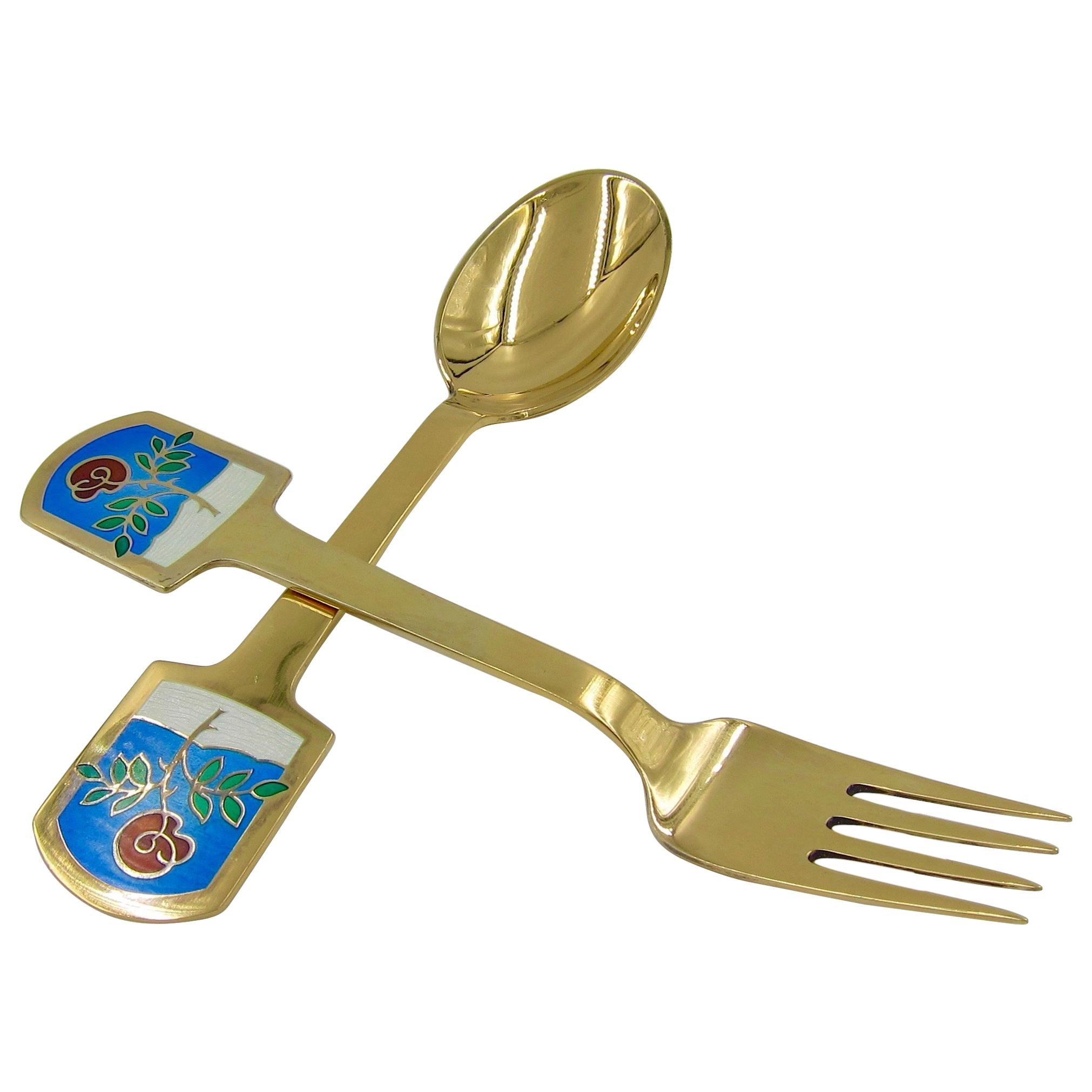 1977 Anton Michelsen Gilt Silver and Enamel Christmas Fork and Spoon Set For Sale