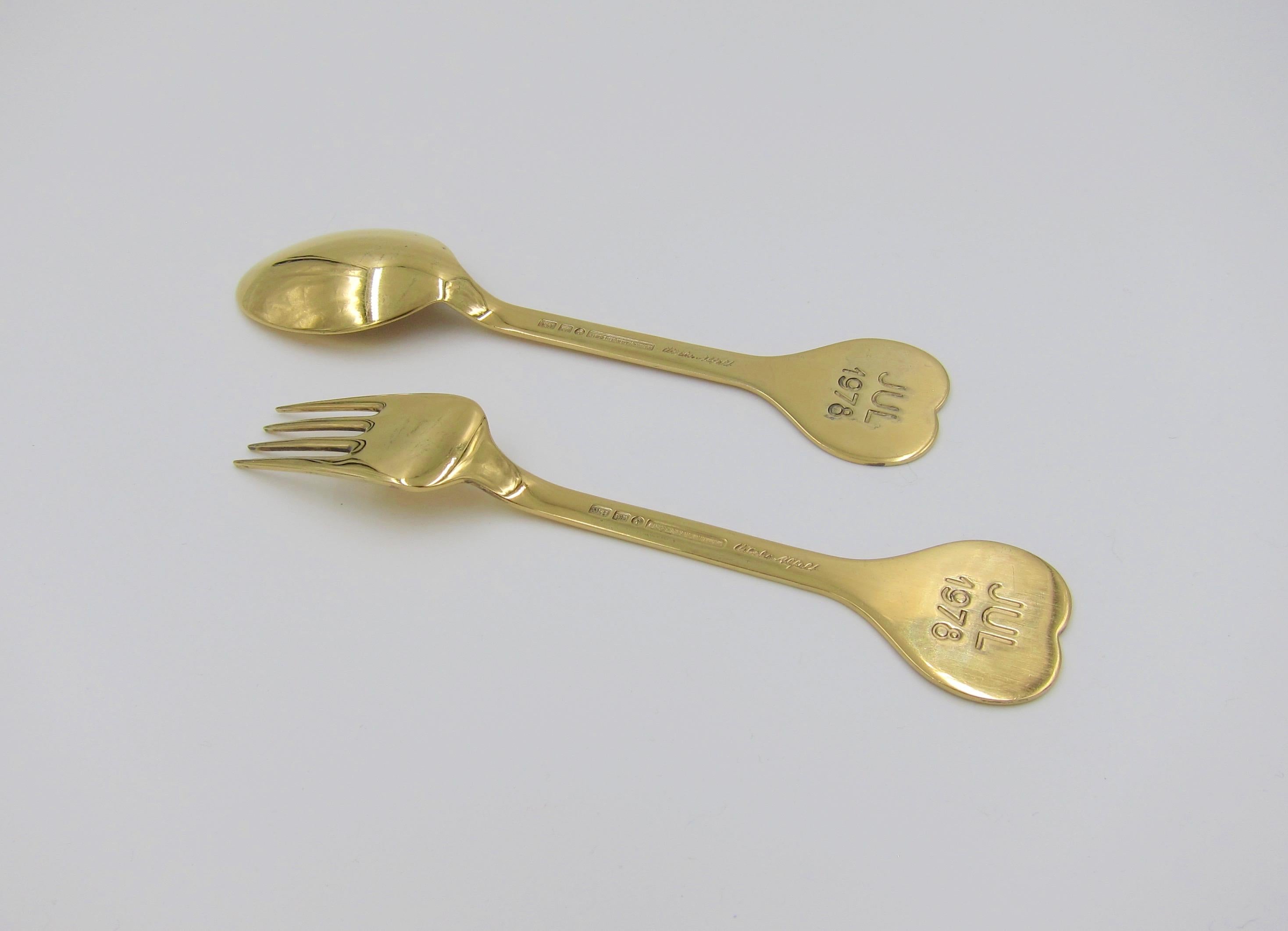 1978 Anton Michelsen Gilded Silver and Enamel Christmas Fork and Spoon Set 2