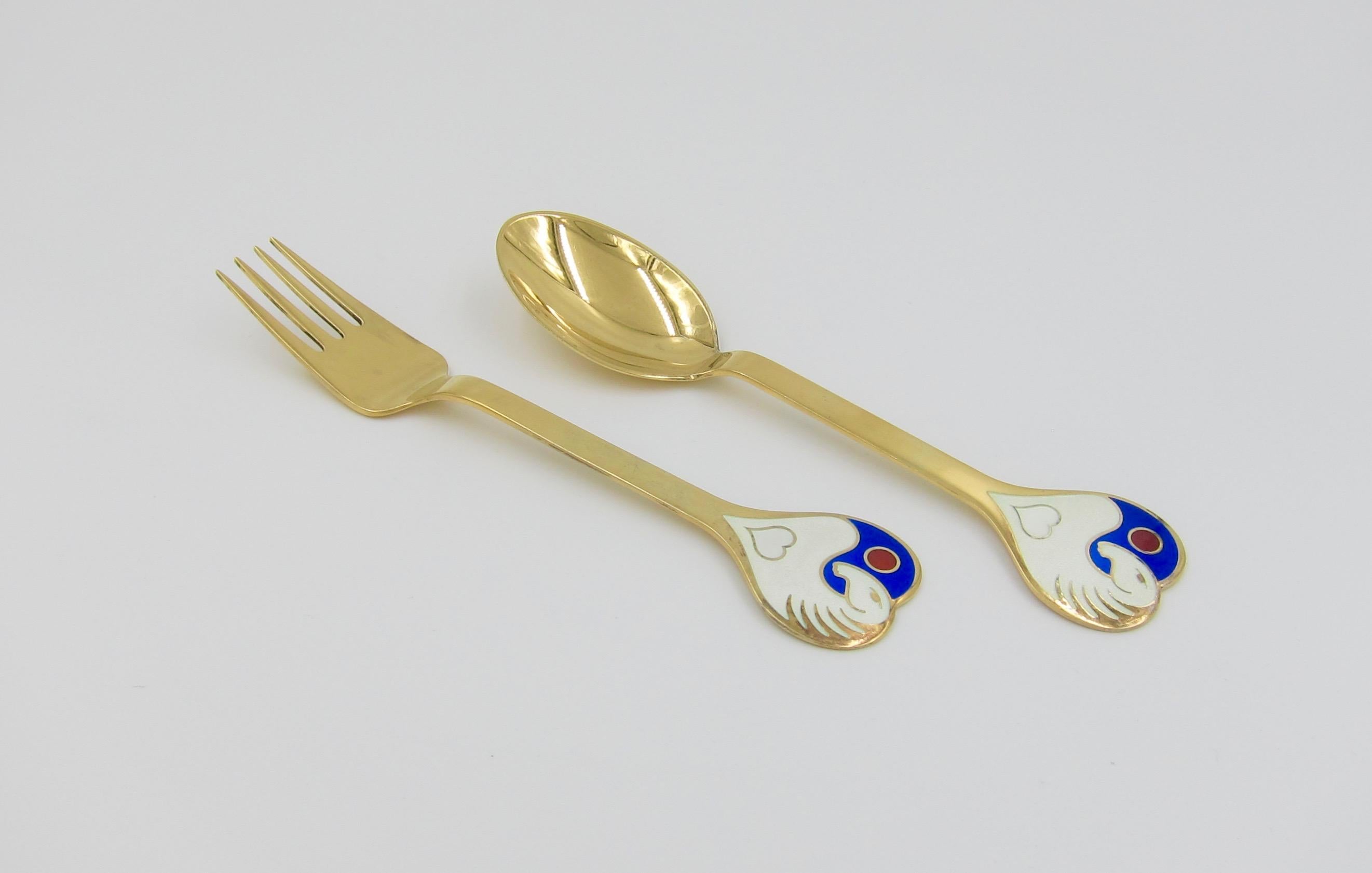 Danish 1978 Anton Michelsen Gilded Silver and Enamel Christmas Fork and Spoon Set