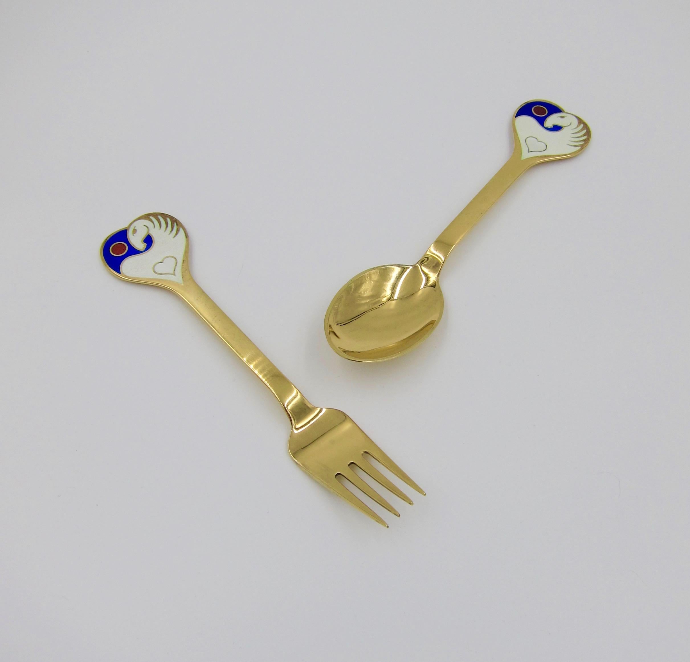 Mid-Century Modern 1978 Anton Michelsen Gilded Silver and Enamel Christmas Fork and Spoon Set