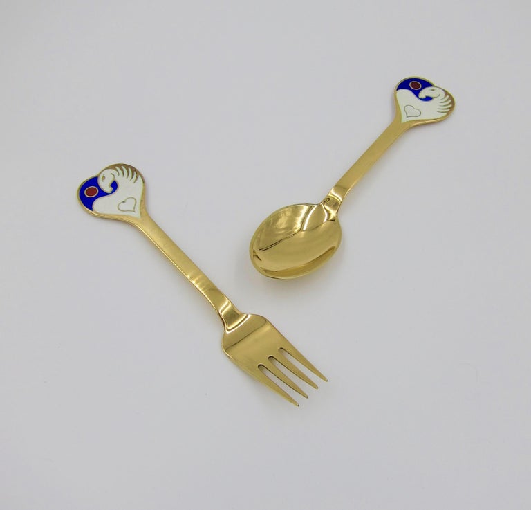 Danish 1978 Anton Michelsen Gilded Silver and Enamel Christmas Fork and Spoon Set For Sale