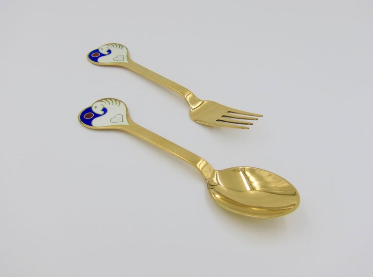 1978 Anton Michelsen Gilded Silver and Enamel Christmas Fork and Spoon Set In Good Condition For Sale In Los Angeles, CA