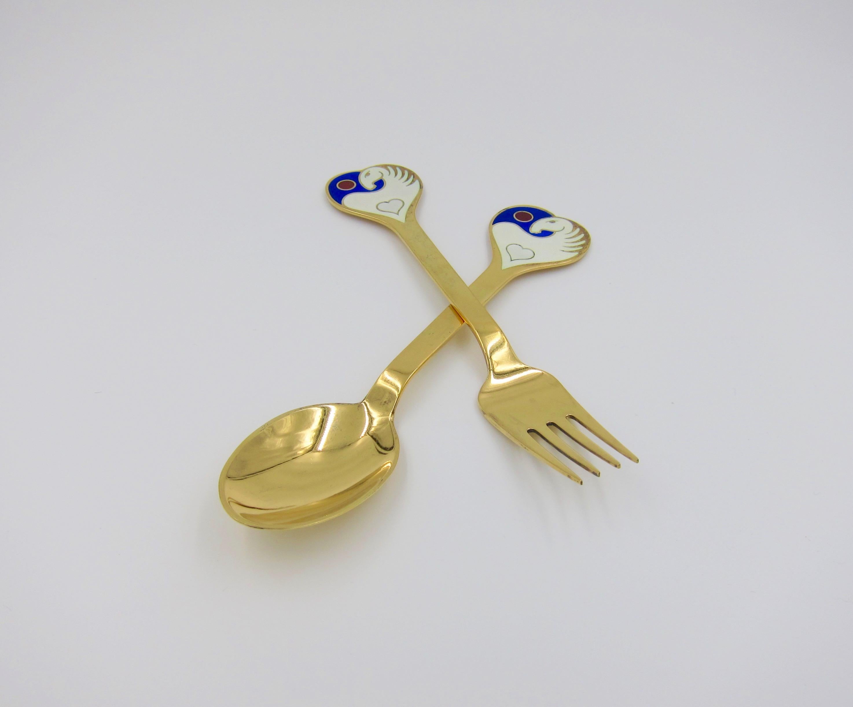 1978 Anton Michelsen Gilded Silver and Enamel Christmas Fork and Spoon Set In Good Condition In Los Angeles, CA