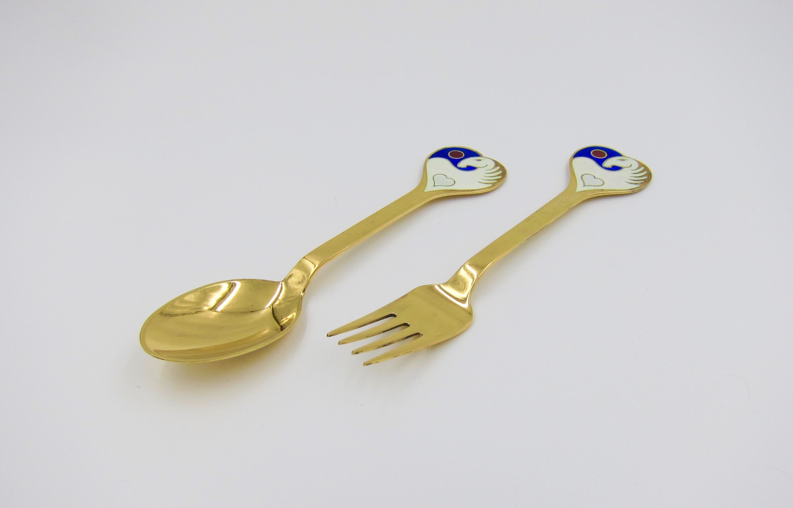 Late 20th Century 1978 Anton Michelsen Gilded Silver and Enamel Christmas Fork and Spoon Set