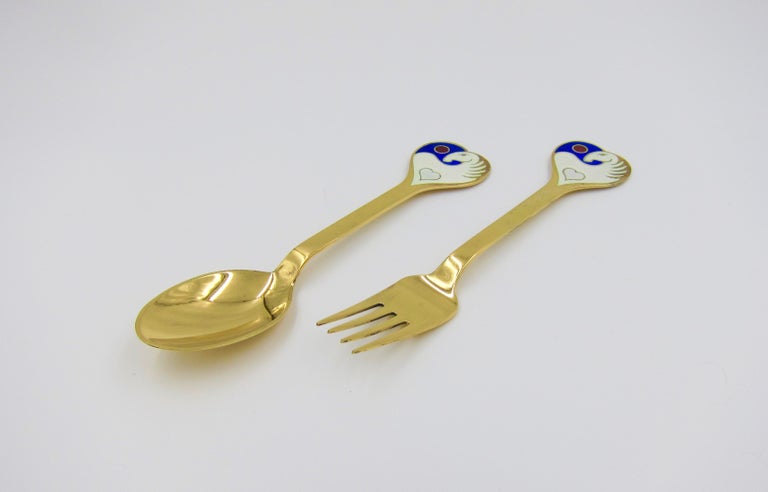 Sterling Silver 1978 Anton Michelsen Gilded Silver and Enamel Christmas Fork and Spoon Set For Sale
