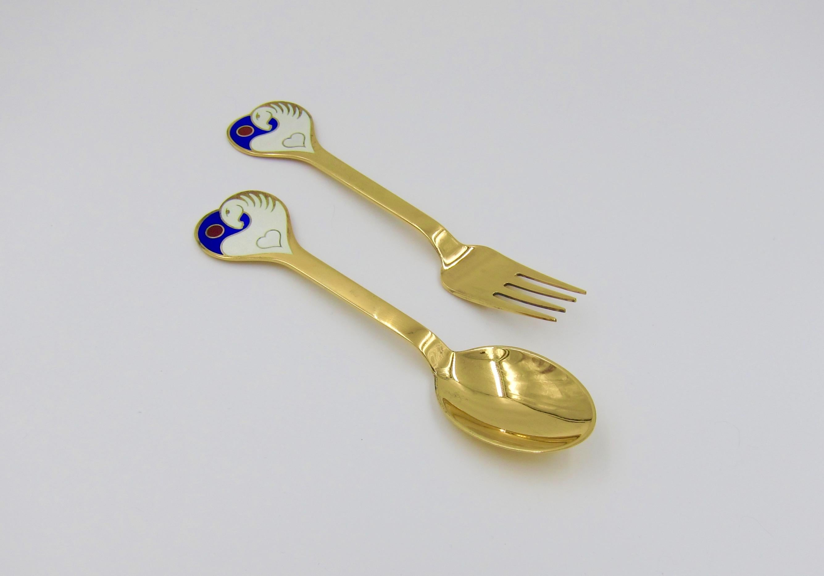 Sterling Silver 1978 Anton Michelsen Gilded Silver and Enamel Christmas Fork and Spoon Set