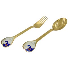 1978 Anton Michelsen Gilded Silver and Enamel Christmas Fork and Spoon Set
