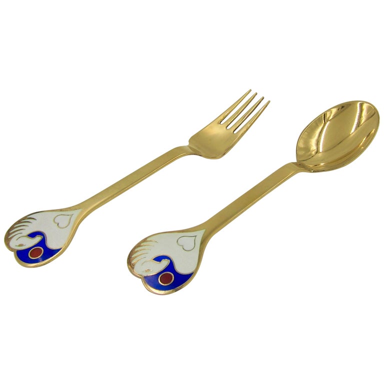 1978 Anton Michelsen Gilded Silver and Enamel Christmas Fork and Spoon Set For Sale 2