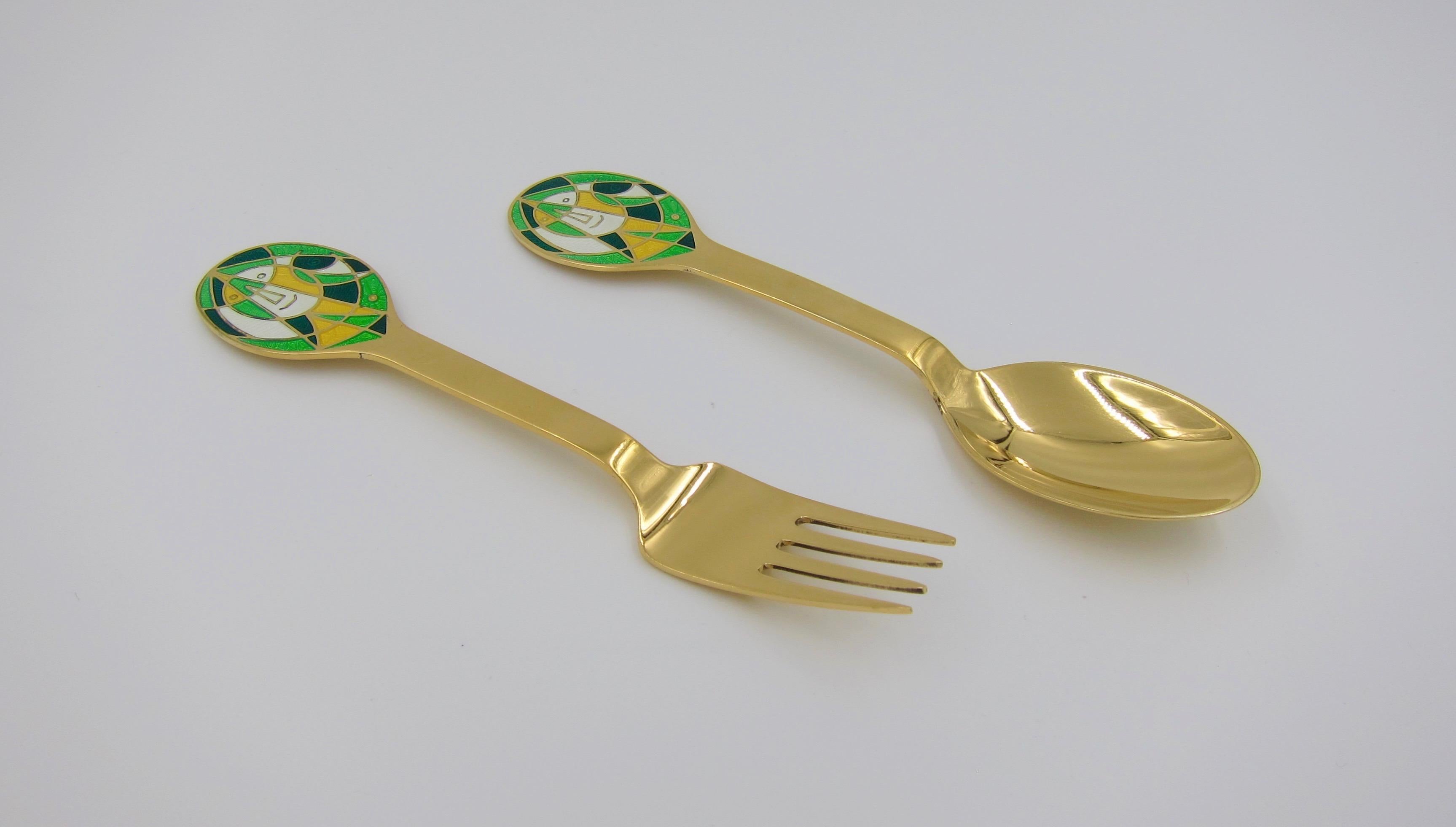 Anton Michelsen Gilded Silver and Enamel Christmas Fork and Spoon Set, 1980 3