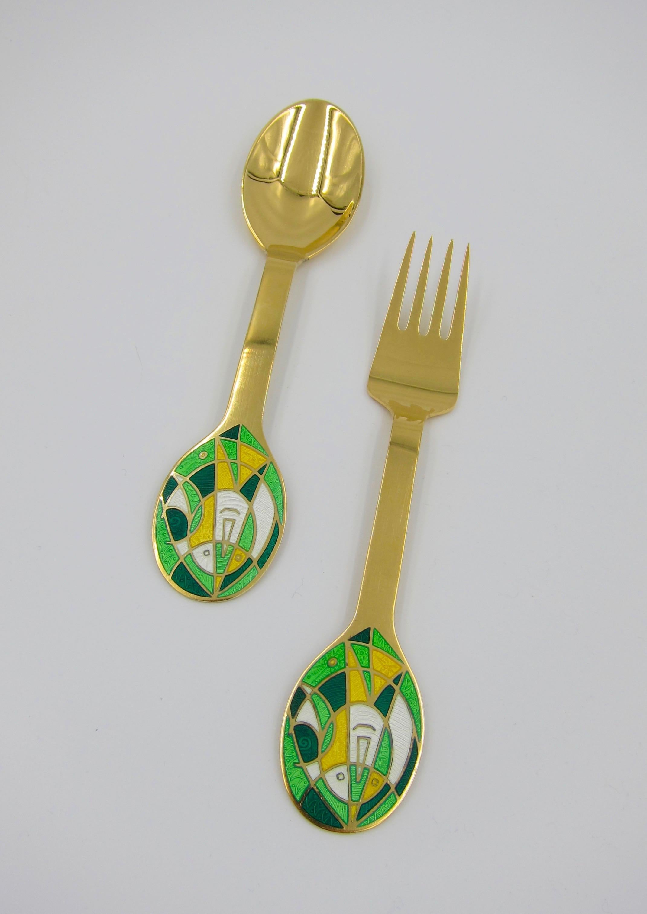 Anton Michelsen Gilded Silver and Enamel Christmas Fork and Spoon Set, 1980 4