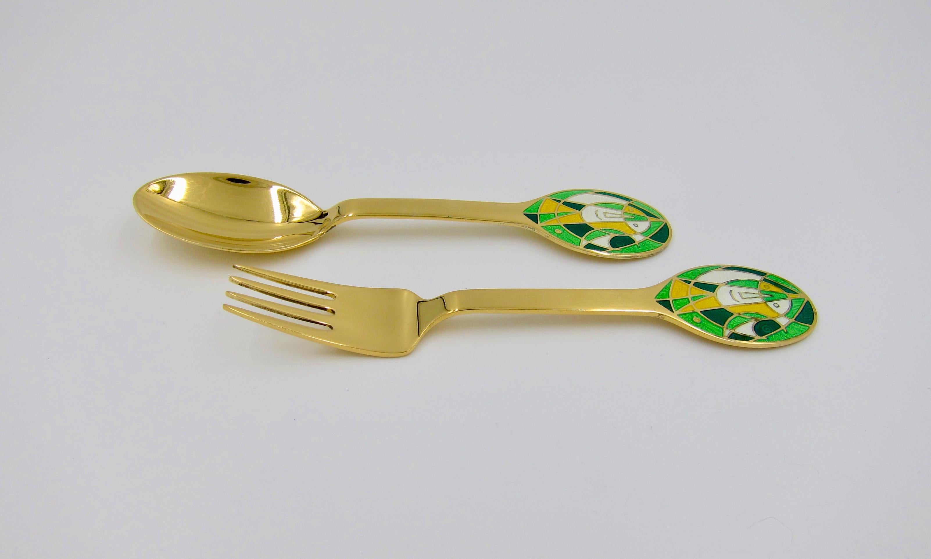 Anton Michelsen Gilded Silver and Enamel Christmas Fork and Spoon Set, 1980 5