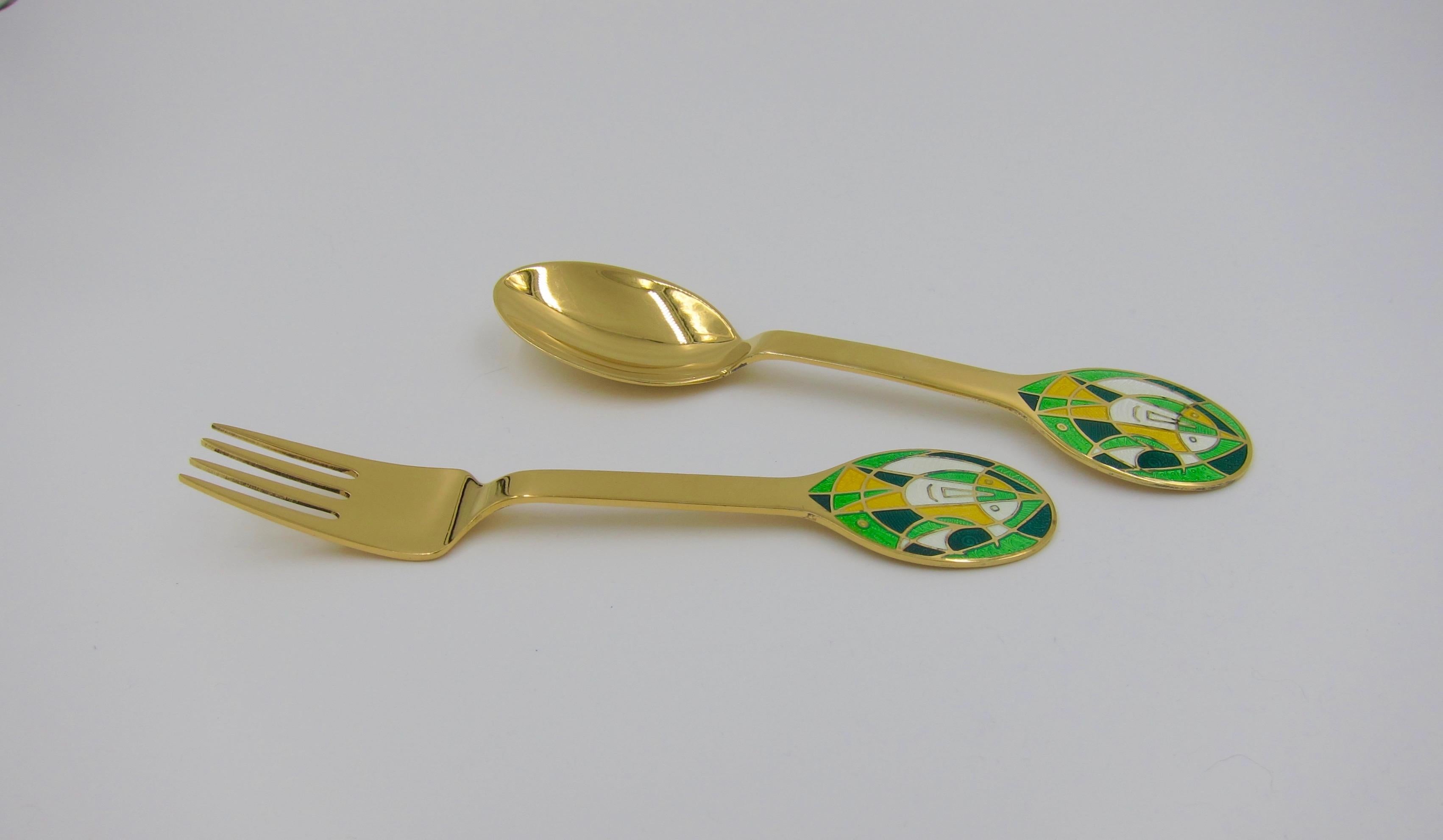 Anton Michelsen Gilded Silver and Enamel Christmas Fork and Spoon Set, 1980 6
