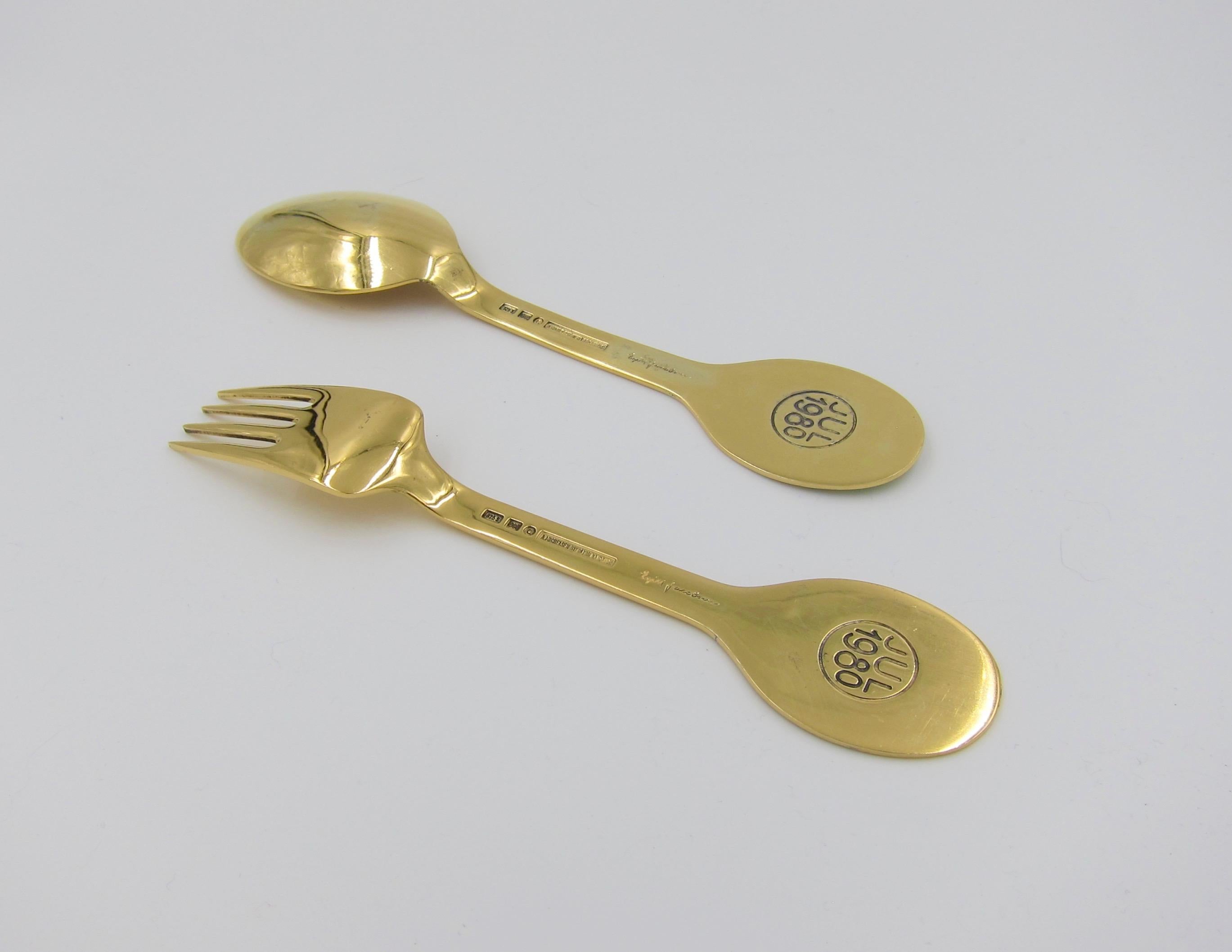 Anton Michelsen Gilded Silver and Enamel Christmas Fork and Spoon Set, 1980 9