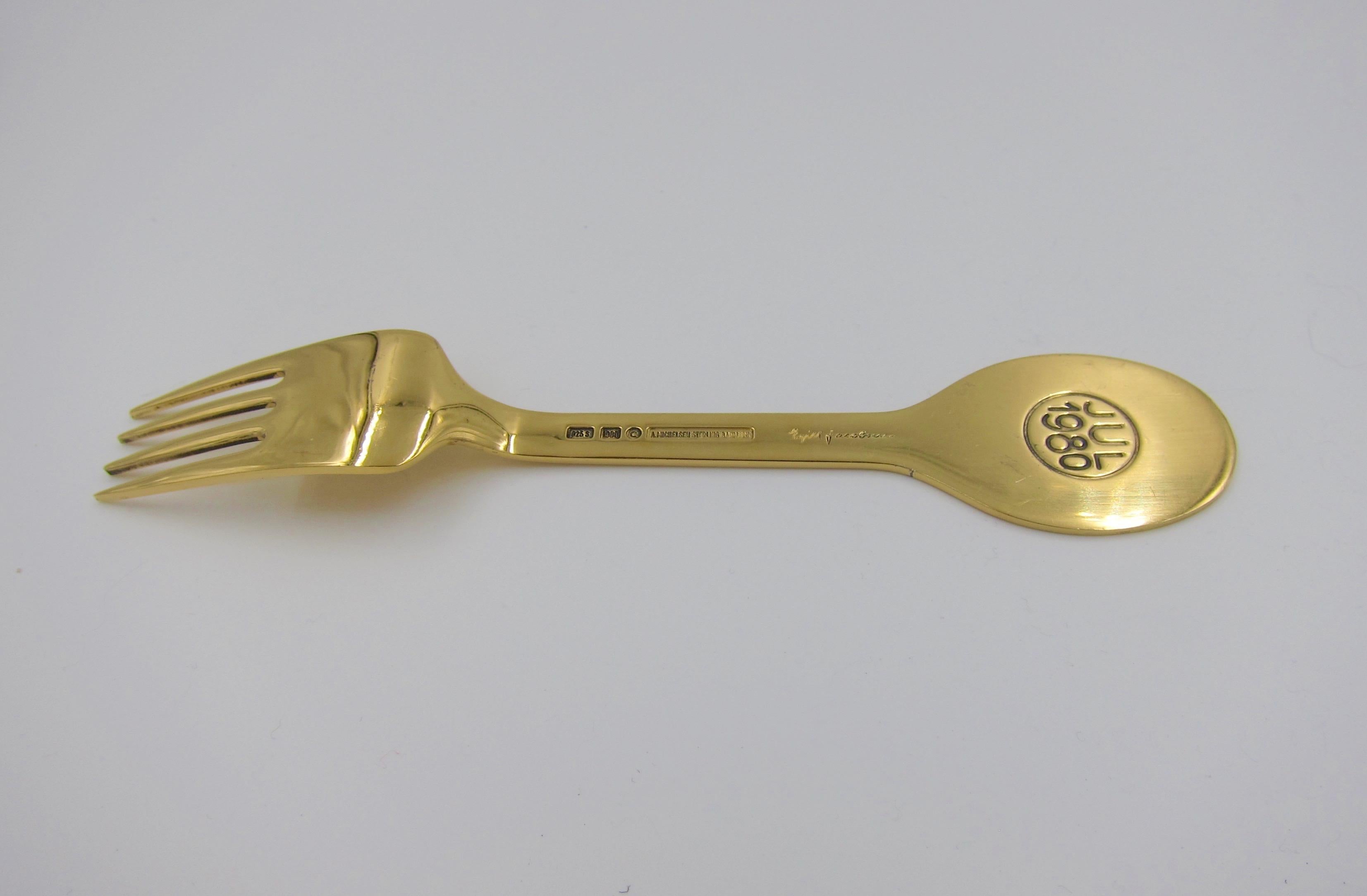Anton Michelsen Gilded Silver and Enamel Christmas Fork and Spoon Set, 1980 11