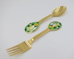 Anton Michelsen Gilded Silver and Enamel Christmas Fork and Spoon Set, 1980
