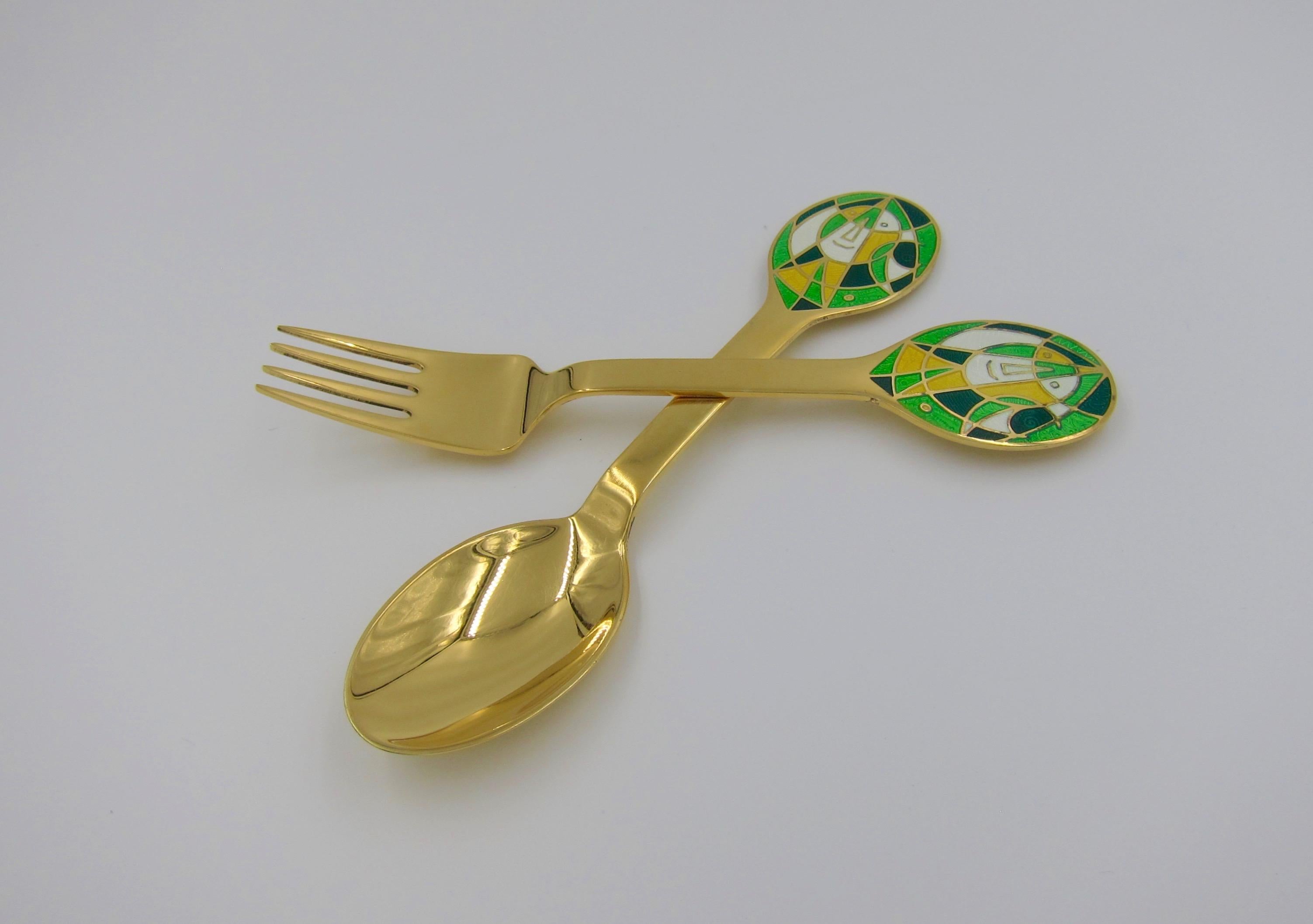 Danish Anton Michelsen Gilded Silver and Enamel Christmas Fork and Spoon Set, 1980