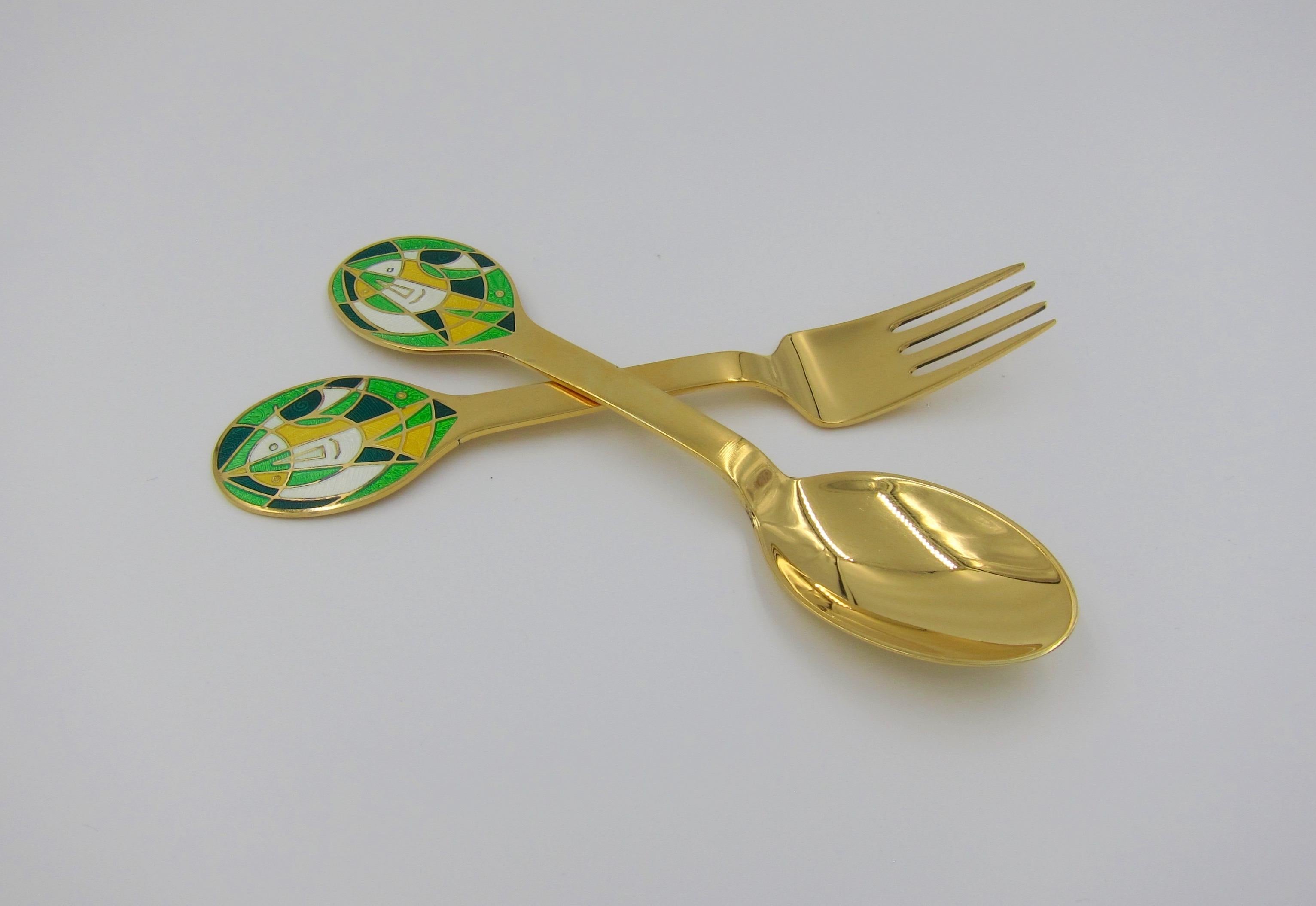 Enameled Anton Michelsen Gilded Silver and Enamel Christmas Fork and Spoon Set, 1980