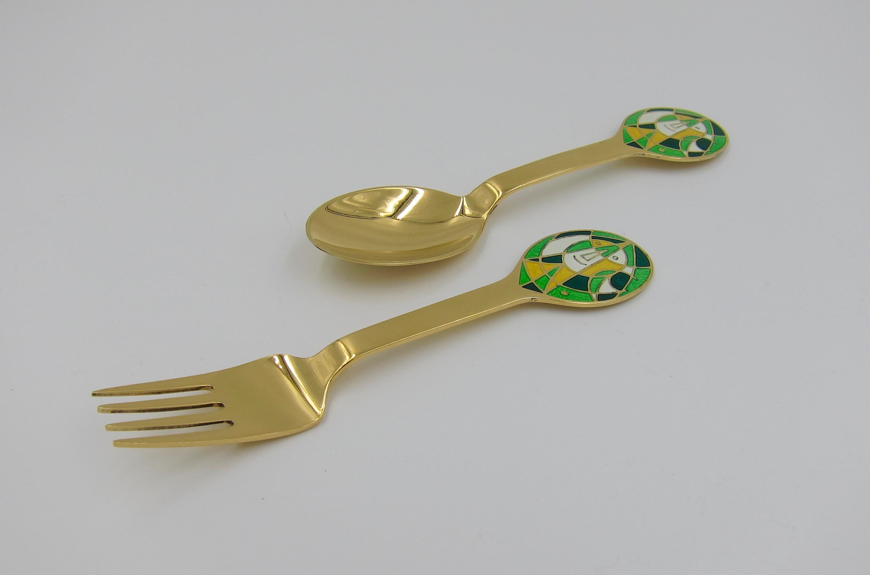 Anton Michelsen Gilded Silver and Enamel Christmas Fork and Spoon Set, 1980 In Good Condition In Los Angeles, CA