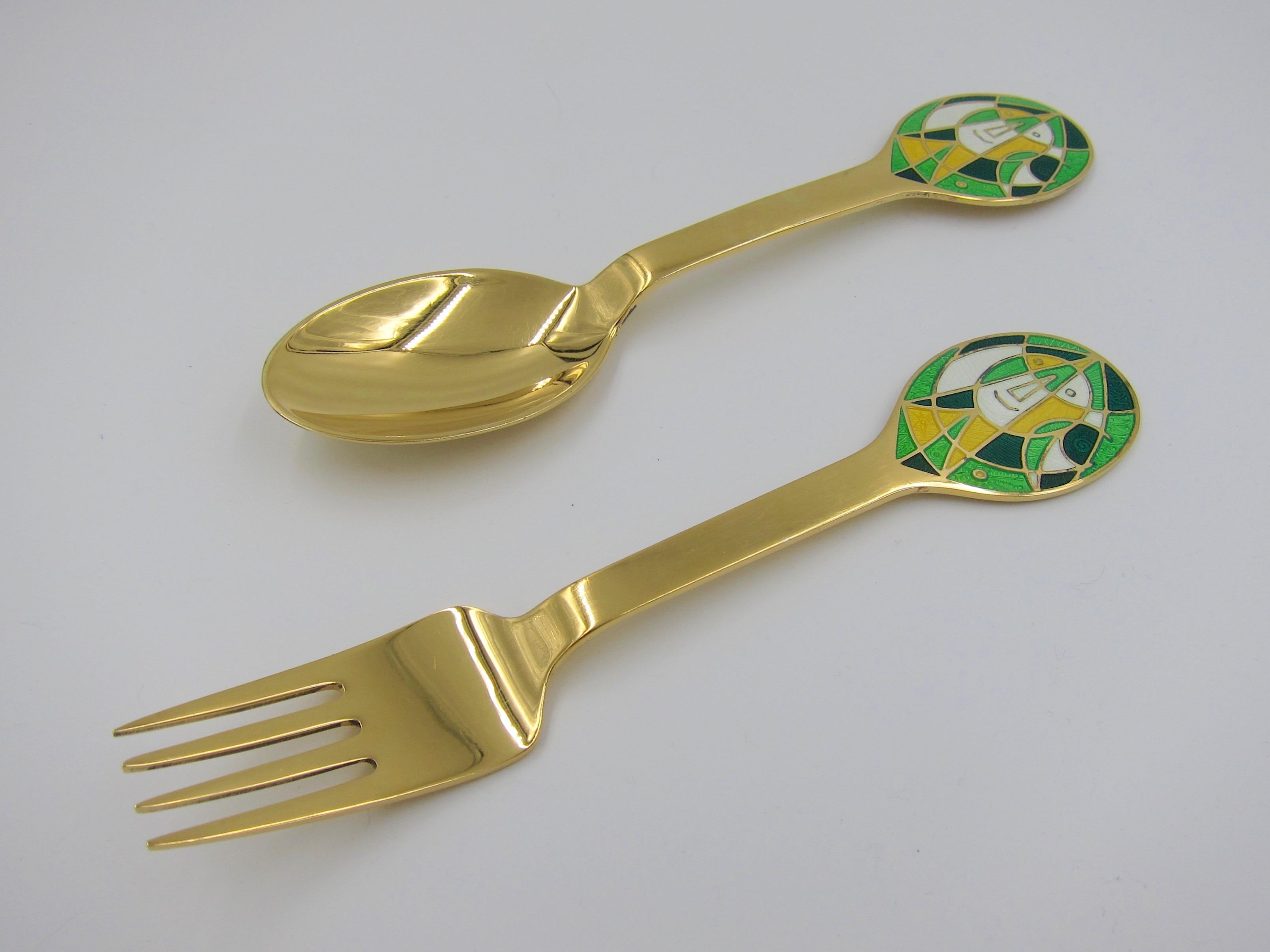 Late 20th Century Anton Michelsen Gilded Silver and Enamel Christmas Fork and Spoon Set, 1980