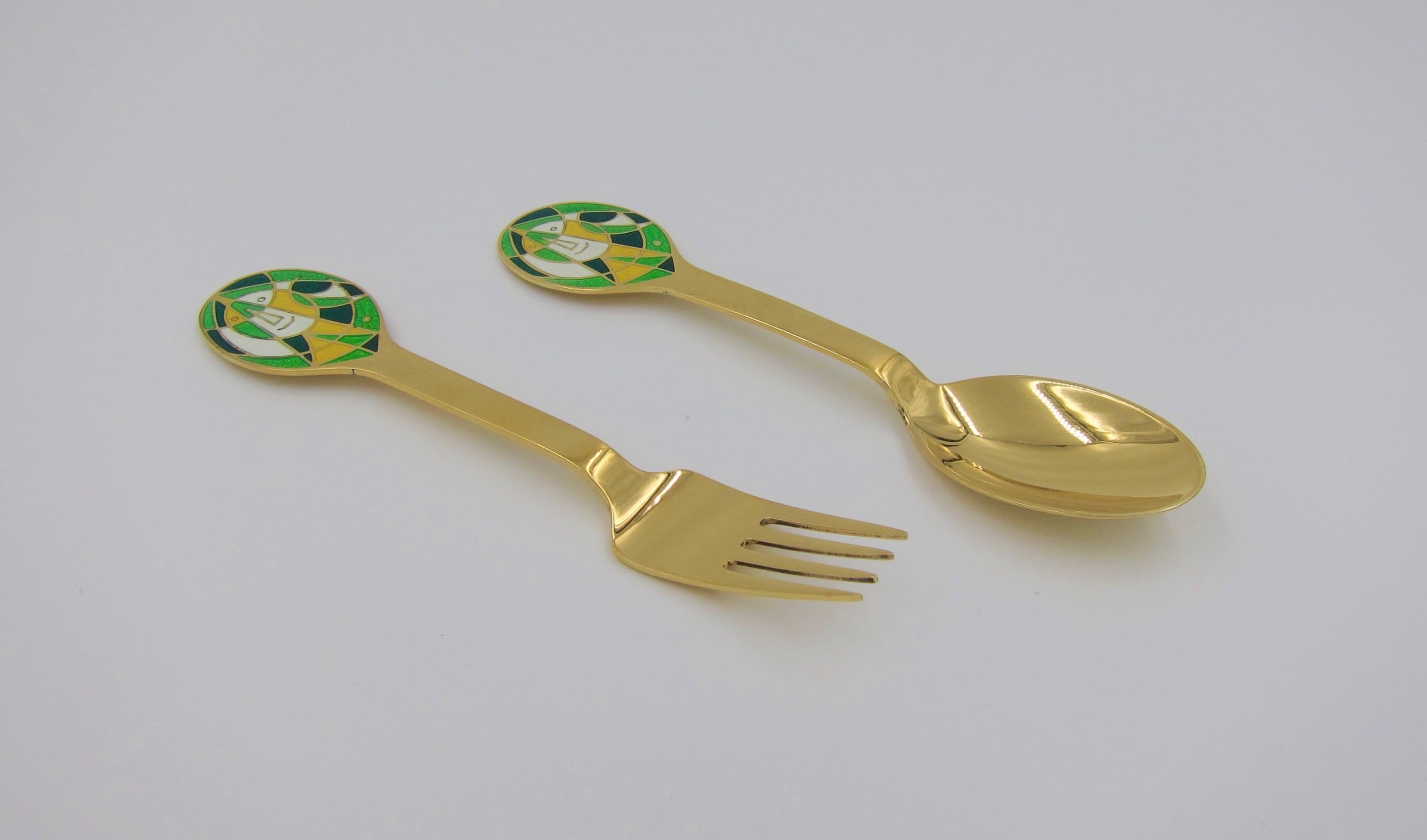 Anton Michelsen Gilded Silver and Enamel Christmas Fork and Spoon Set, 1980 1