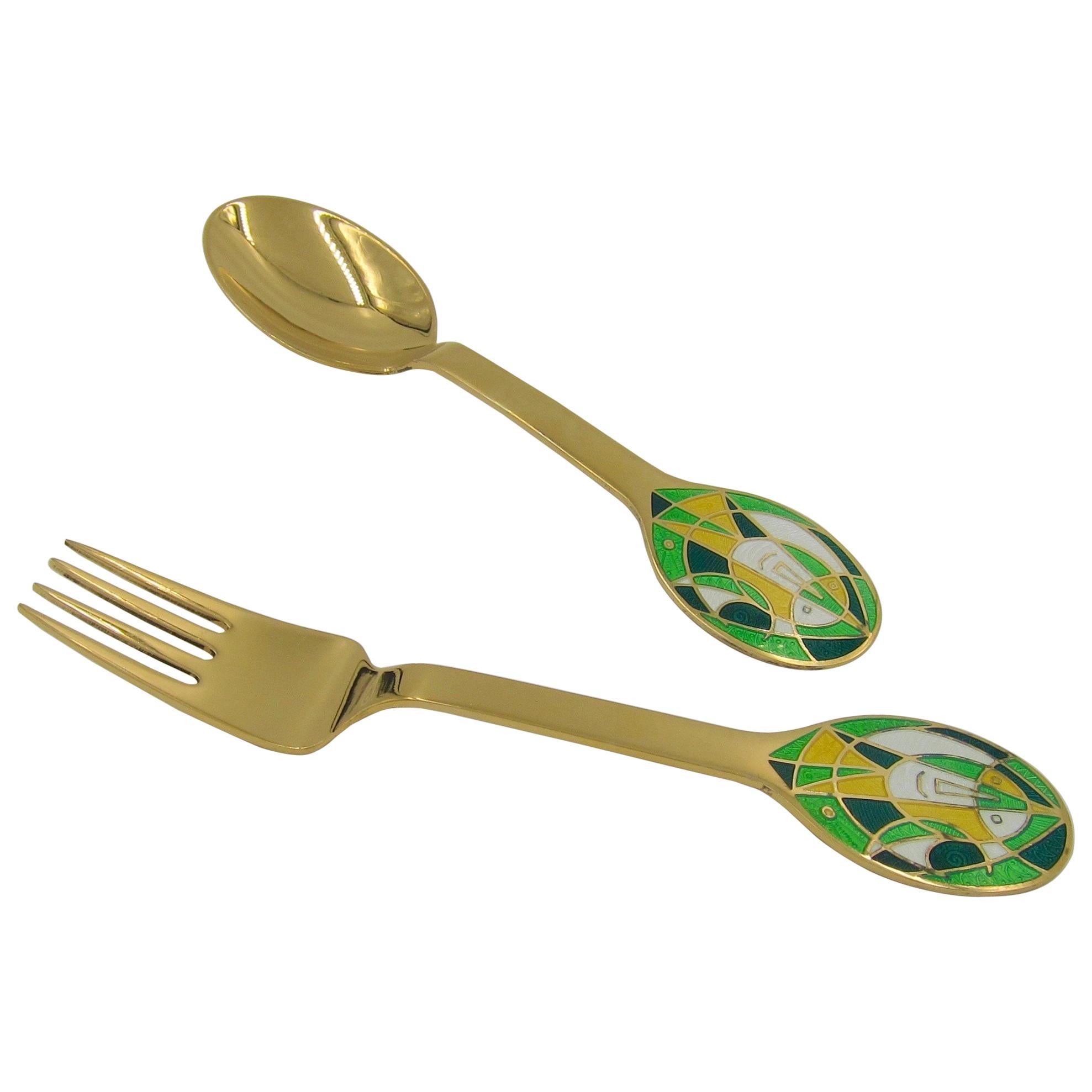 Anton Michelsen Gilded Silver and Enamel Christmas Fork and Spoon Set, 1980