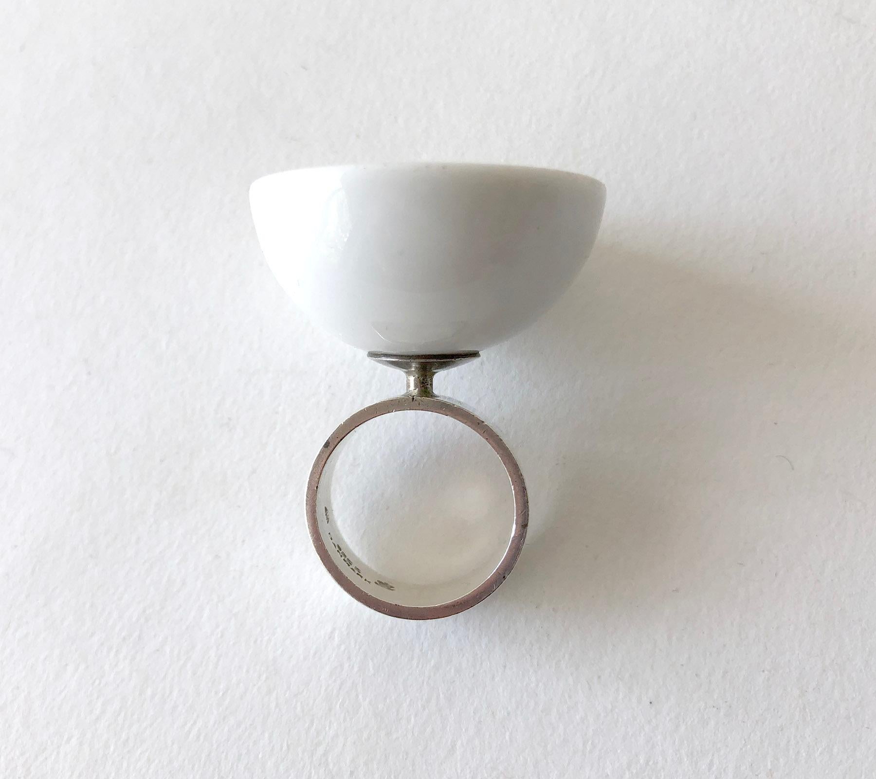 Anton Michelsen Royal Copenhagen Porcelain Sterling Silver Danish Modernist Ring In Good Condition In Palm Springs, CA