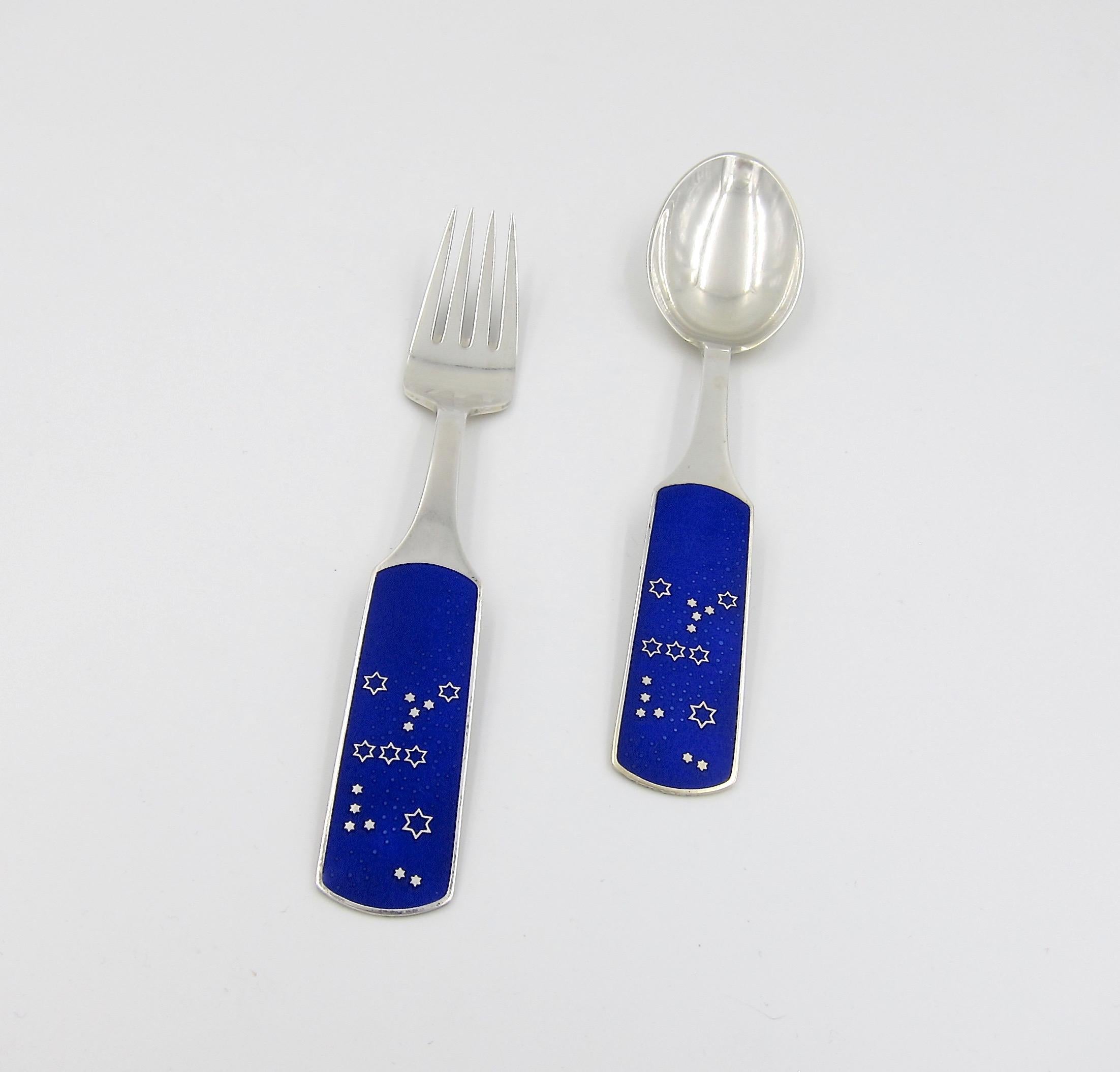 Mid-Century Modern 1964 Anton Michelsen Silver and Enamel Orion Christmas Fork and Spoon Set