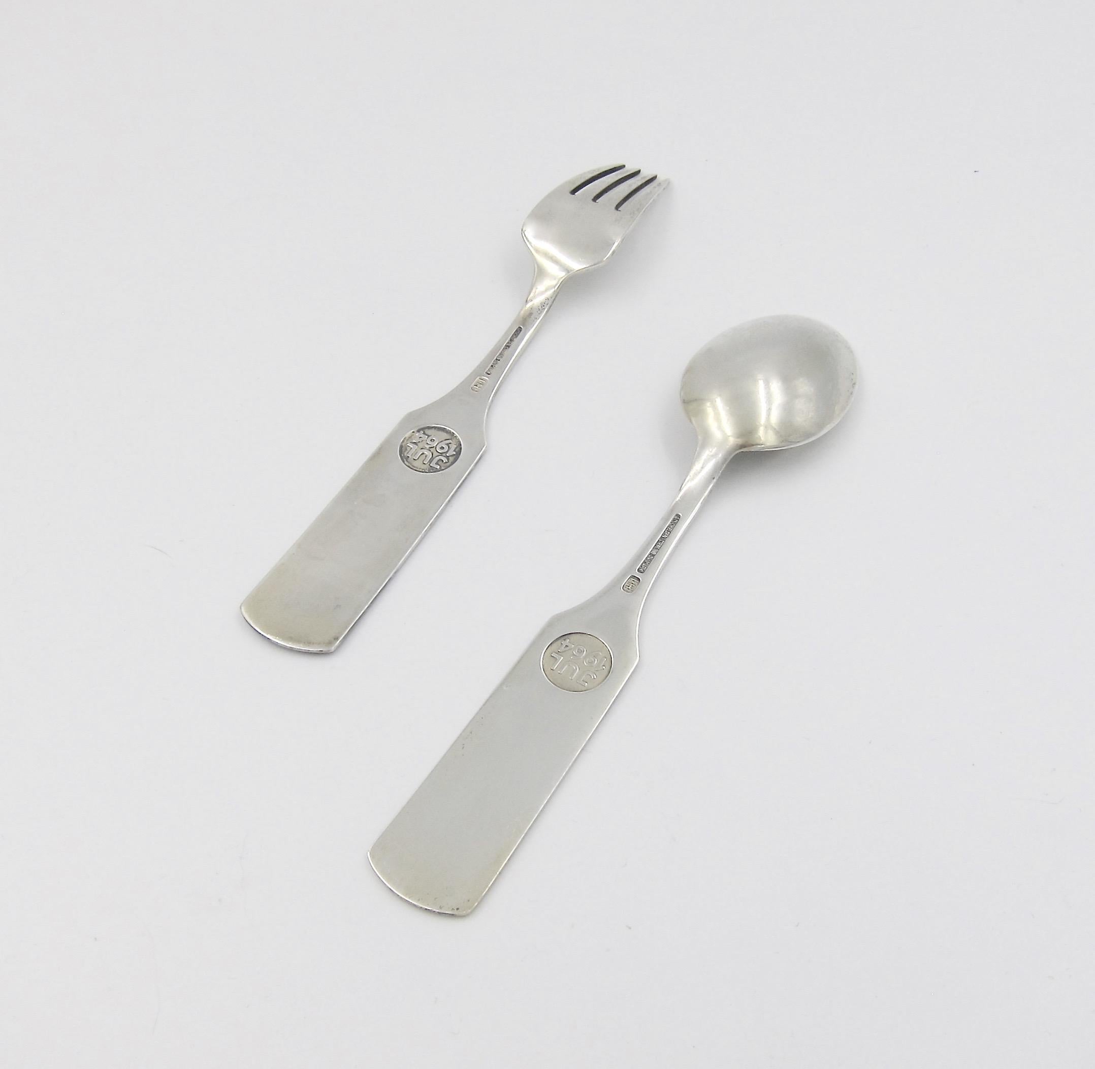 Danish 1964 Anton Michelsen Silver and Enamel Orion Christmas Fork and Spoon Set